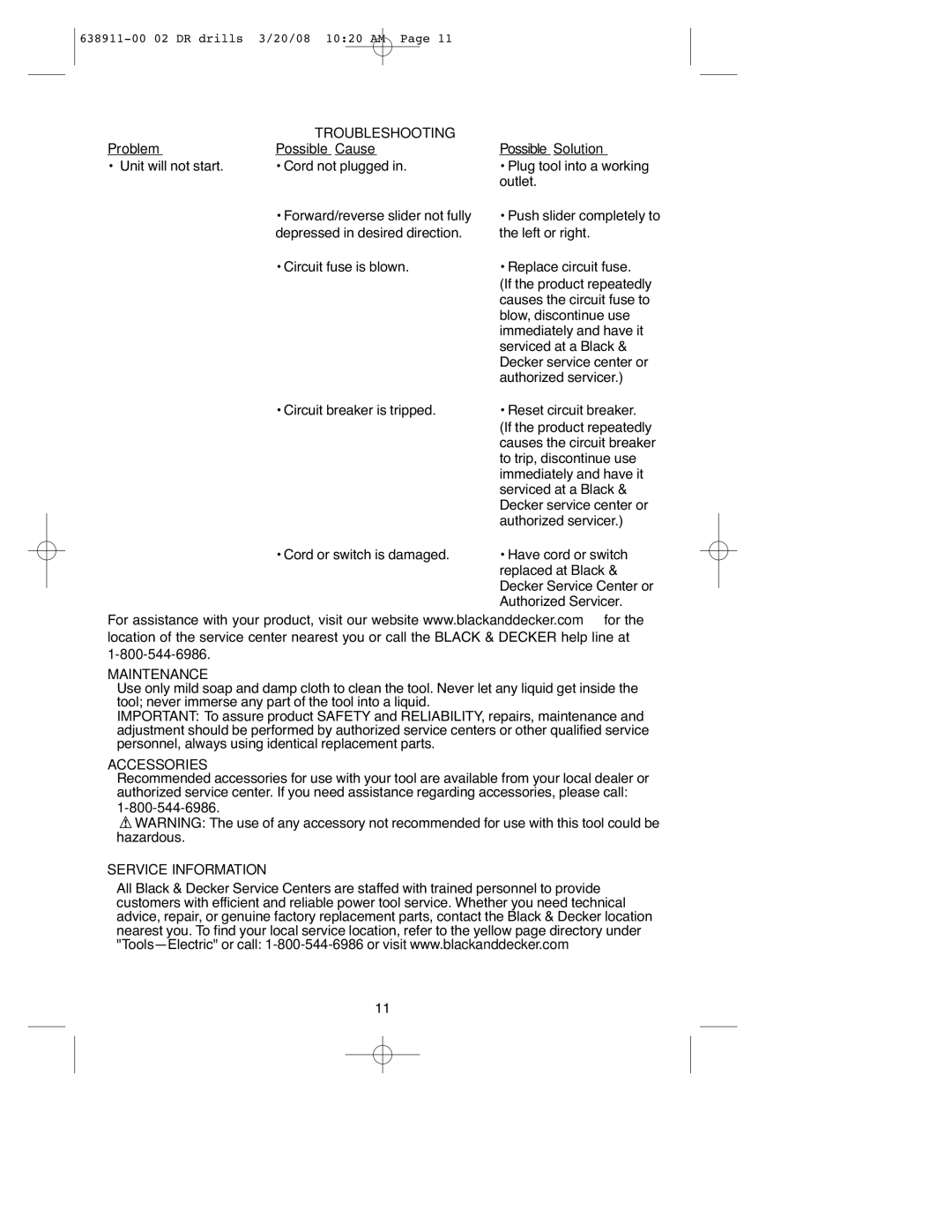 Black & Decker DR330, DR350KG, DR650 Troubleshooting, Problem Possible Cause, Maintenance, Accessories, Service Information 