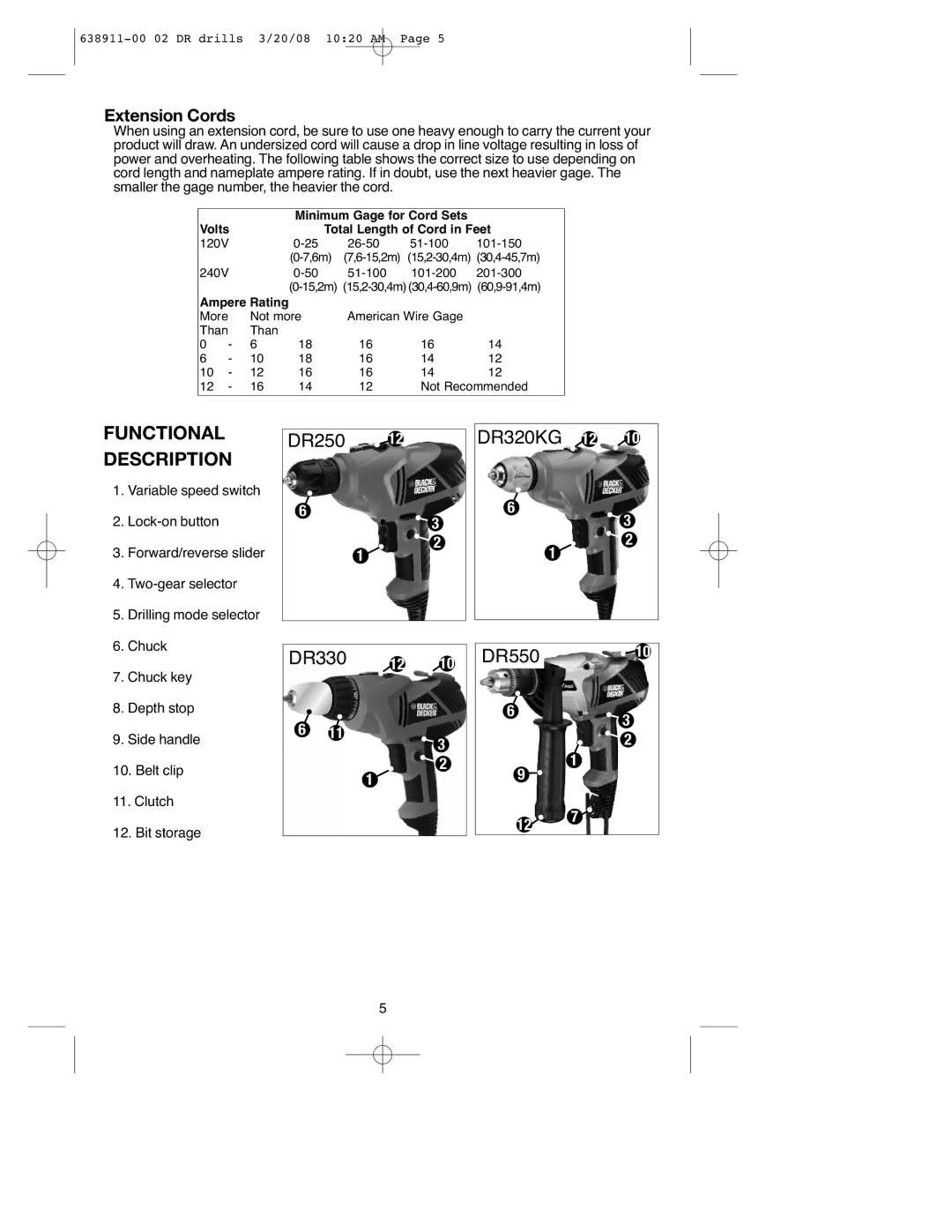 Black & Decker DR650, DR350KG, DR550, DR330 instruction manual Extension Cords, Volts Total Length of Cord in Feet 