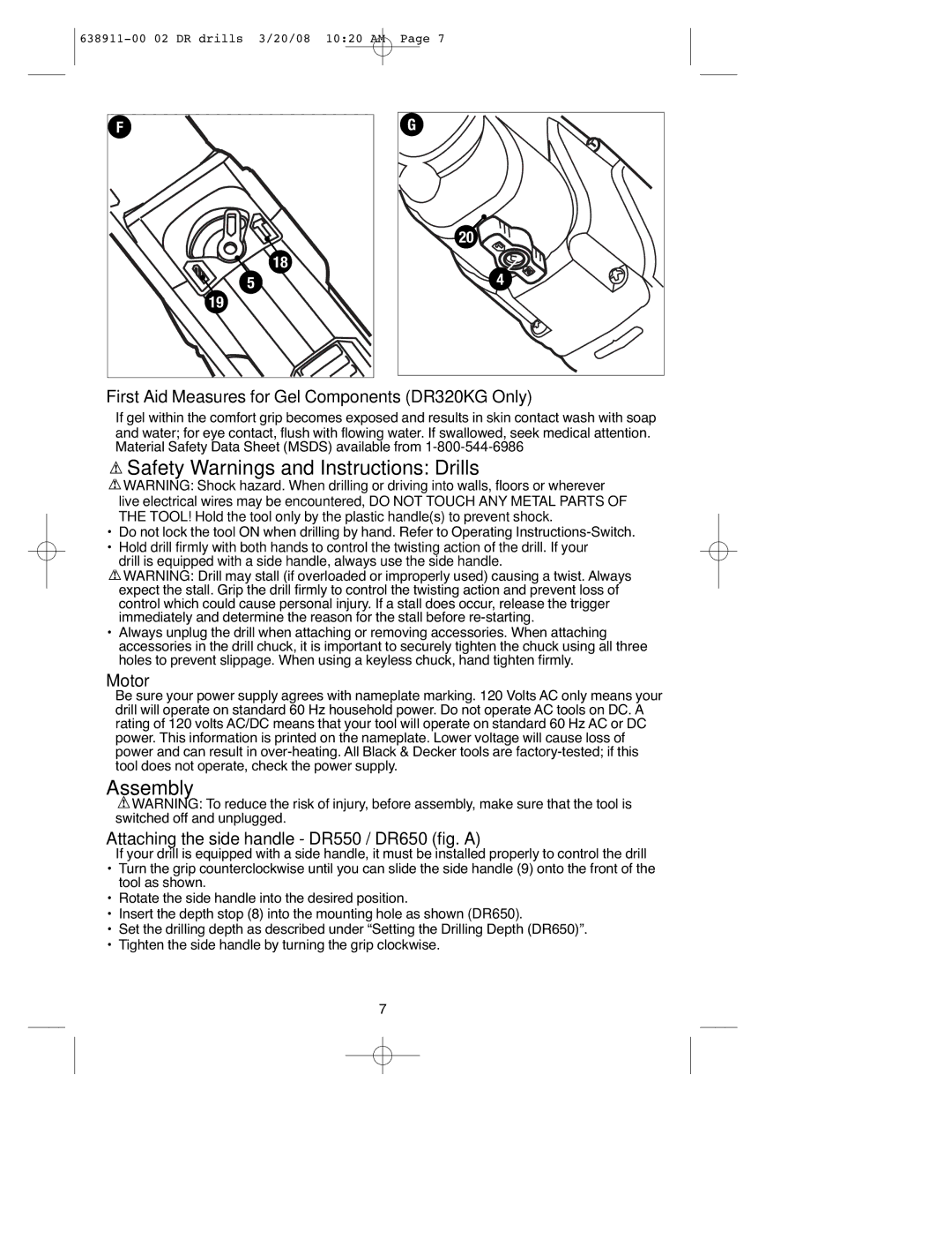 Black & Decker DR330 Safety Warnings and Instructions Drills, Assembly, First Aid Measures for Gel Components DR320KG Only 