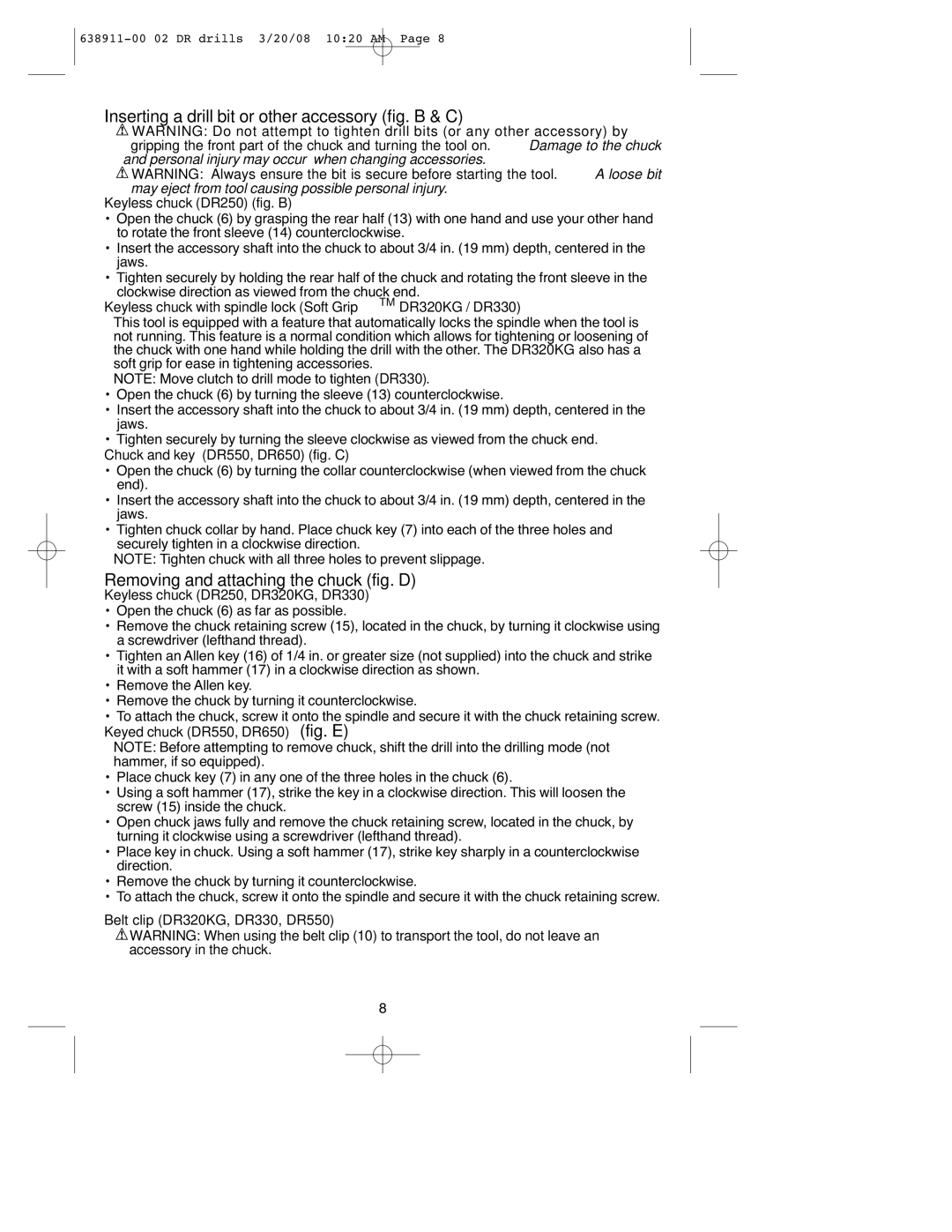 Black & Decker DR350KG, DR650 Inserting a drill bit or other accessory fig. B & C, Removing and attaching the chuck fig. D 