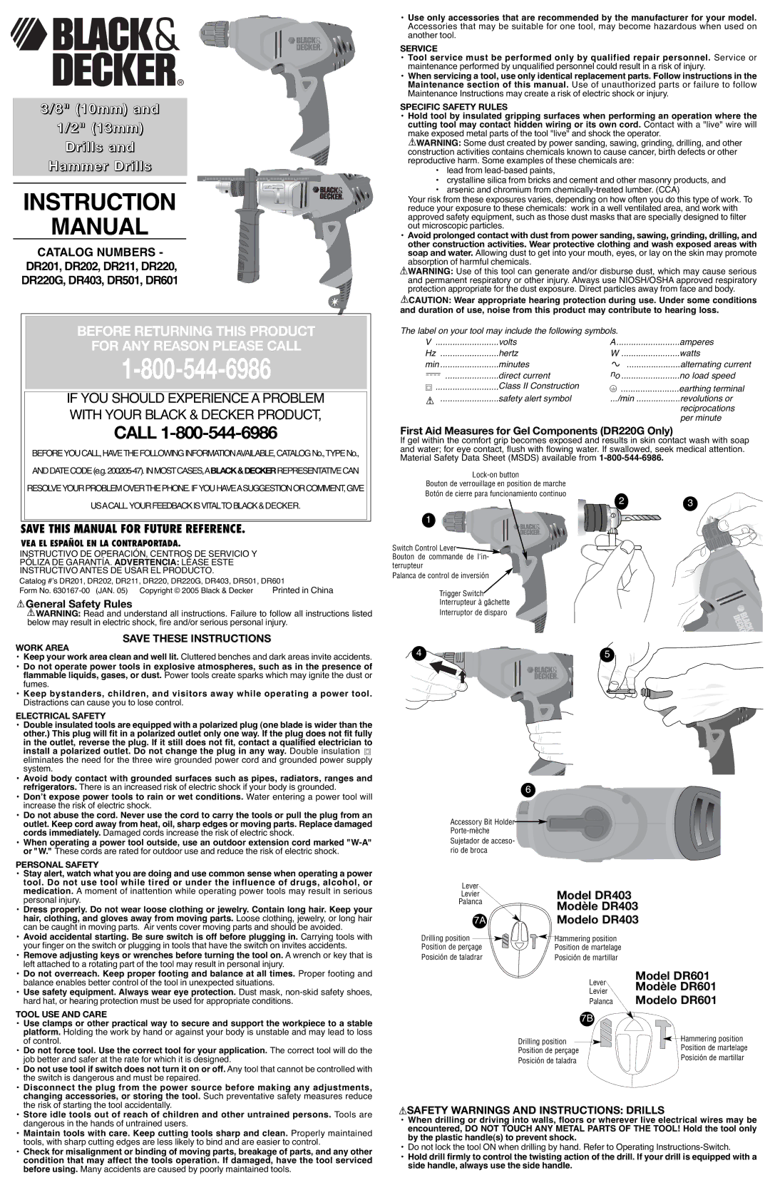 Black & Decker DR403 instruction manual Instruction Manual, General Safety Rules, Safety Warnings and Instructions Drills 