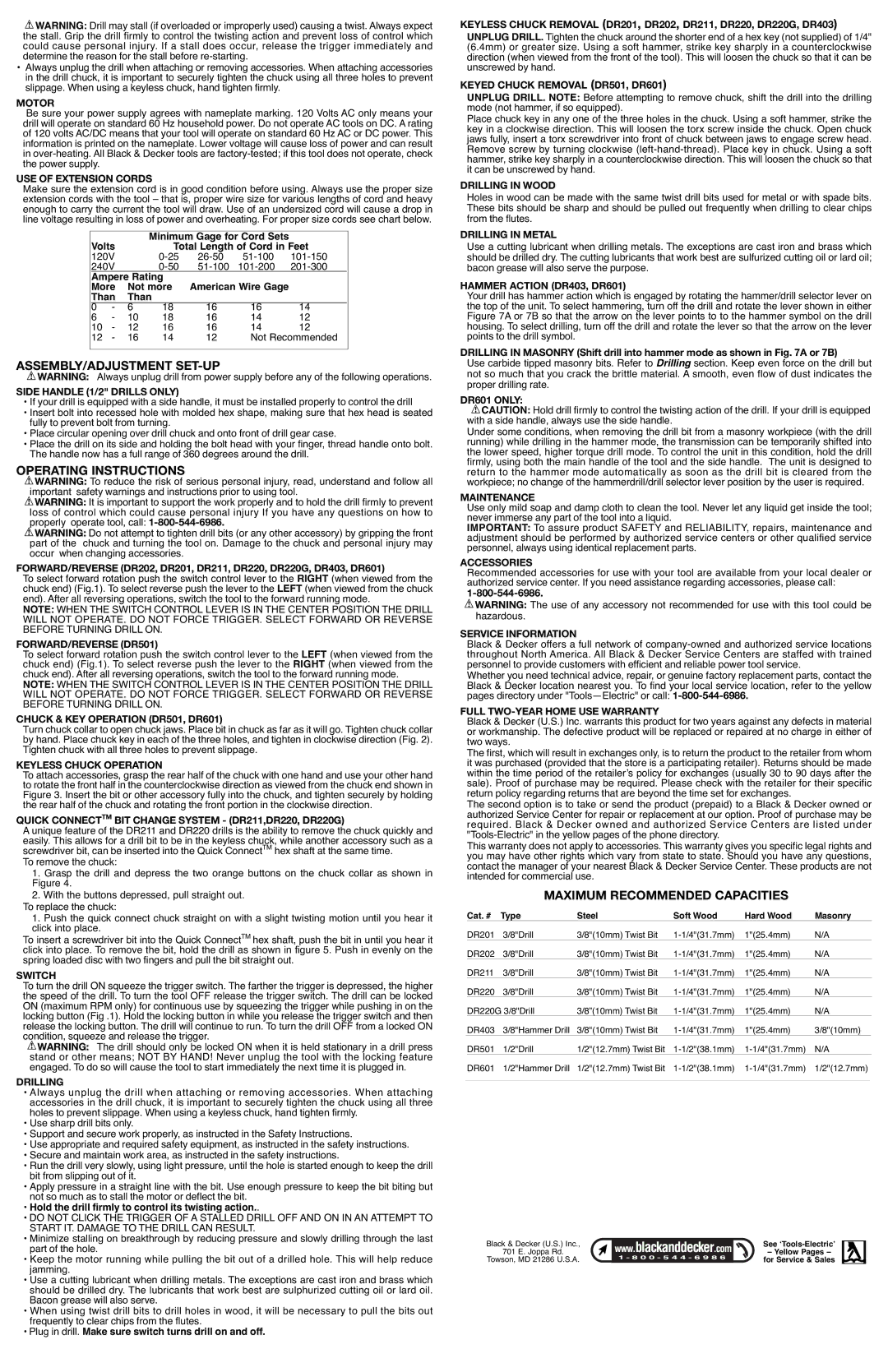 Black & Decker DR601, DR501, DR403, DR211 Assembly/Adjustment Set-Up, Operating Instructions, Maximum Recommended Capacities 