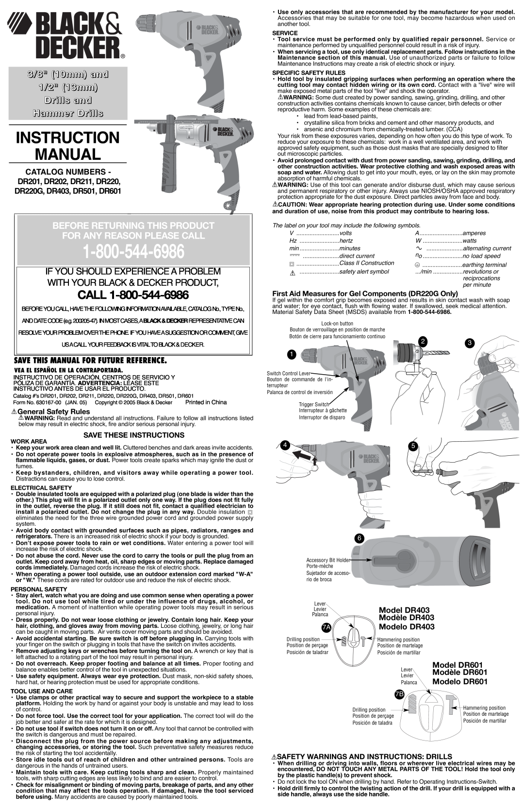 Black & Decker DR403, DR501 instruction manual Instruction Manual, 3/8 10mm and 1/2 13mm Drills and Hammer Drills, Call 