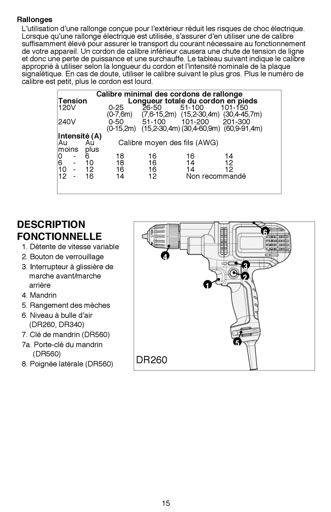 Black & Decker DR560, DR340B, DR260B instruction manual Rallonges, Intensité a 