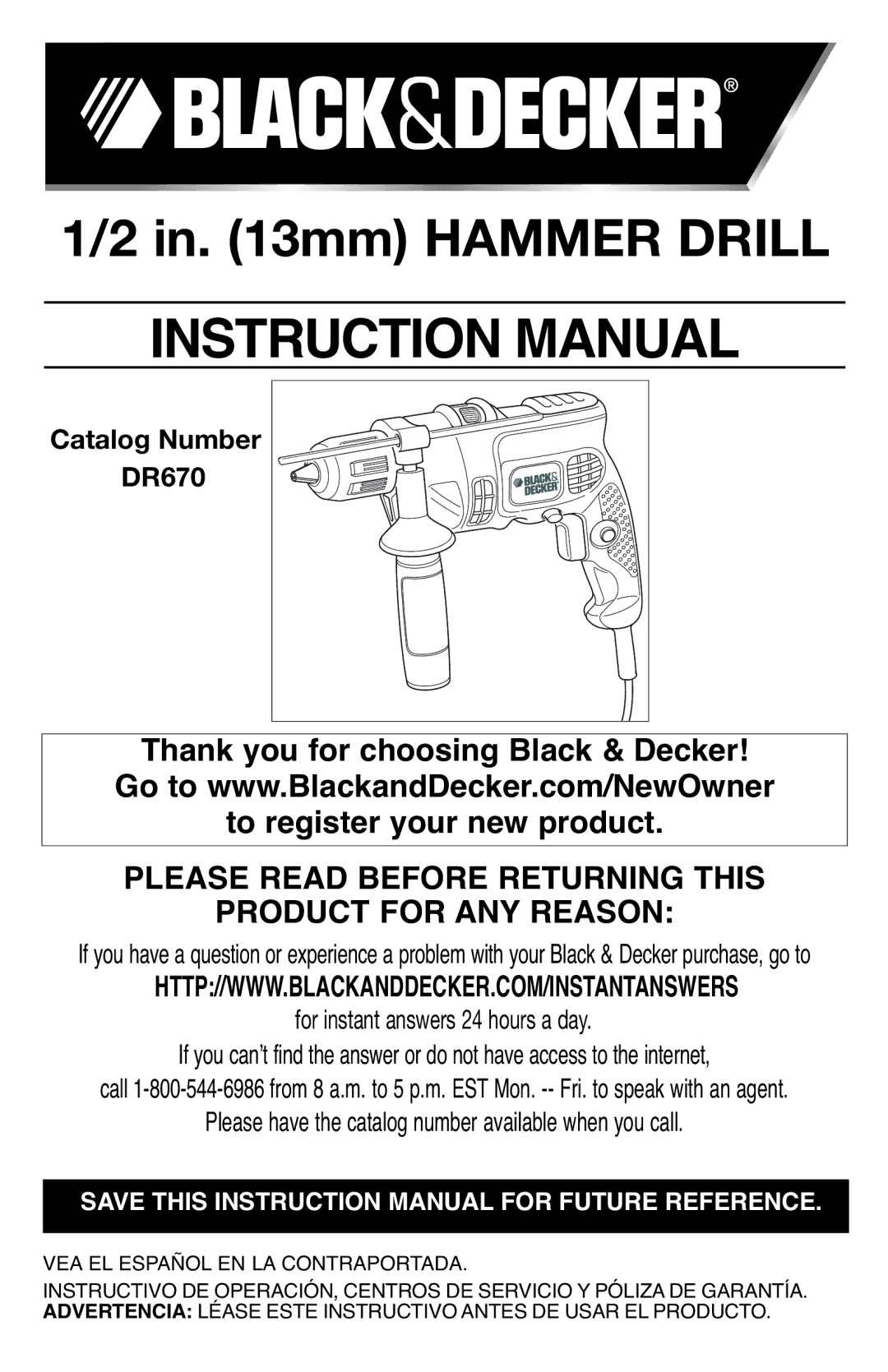 Black & Decker DR670 instruction manual Mm Hammer Drill Instructionmanual 