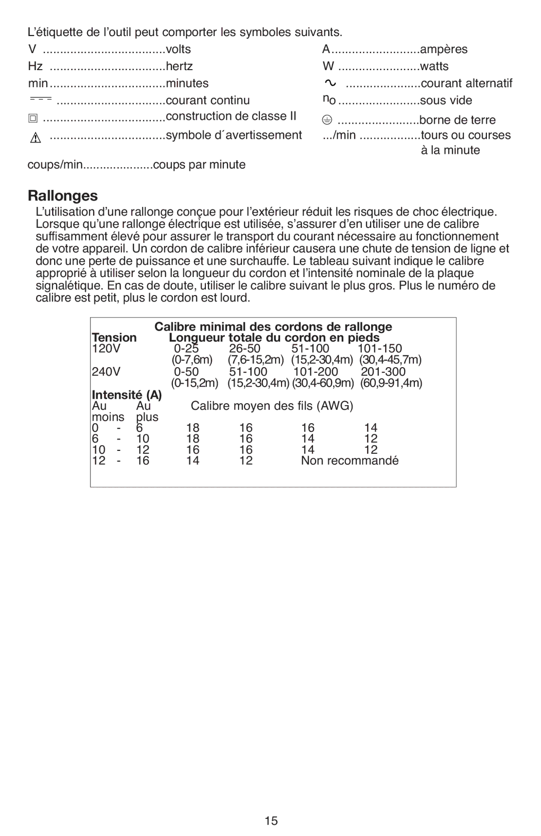 Black & Decker DR670 instruction manual Calibre minimal des cordons de rallonge, Tension, Intensité a 