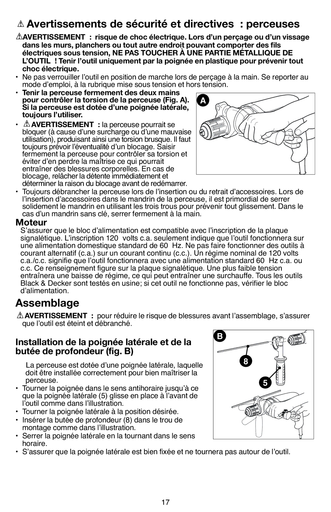 Black & Decker DR670 Avertissements de sécurité et directives perceuses, Assemblage, Choc électriqu, Toujours l’utiliser 