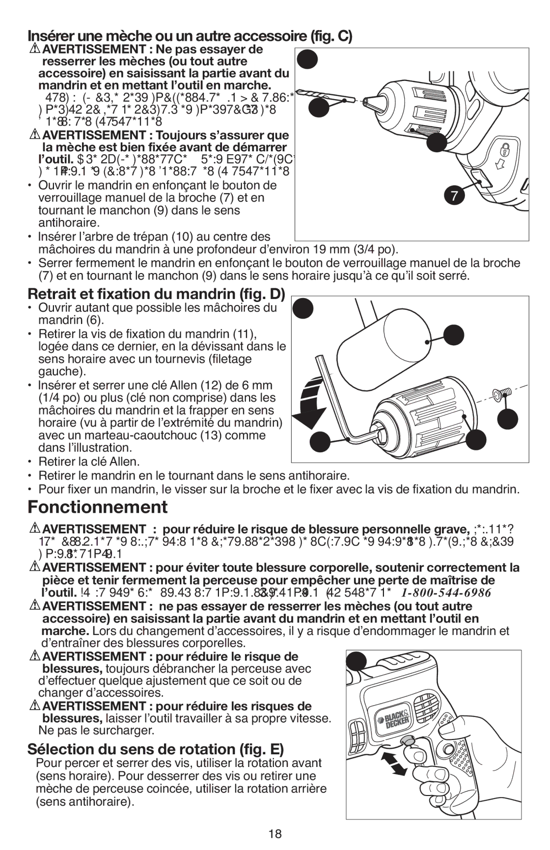 Black & Decker DR670 Fonctionnement, Sélection du sens de rotation fig. E, ’outil. Une mèche desserréepeut être éjectée 