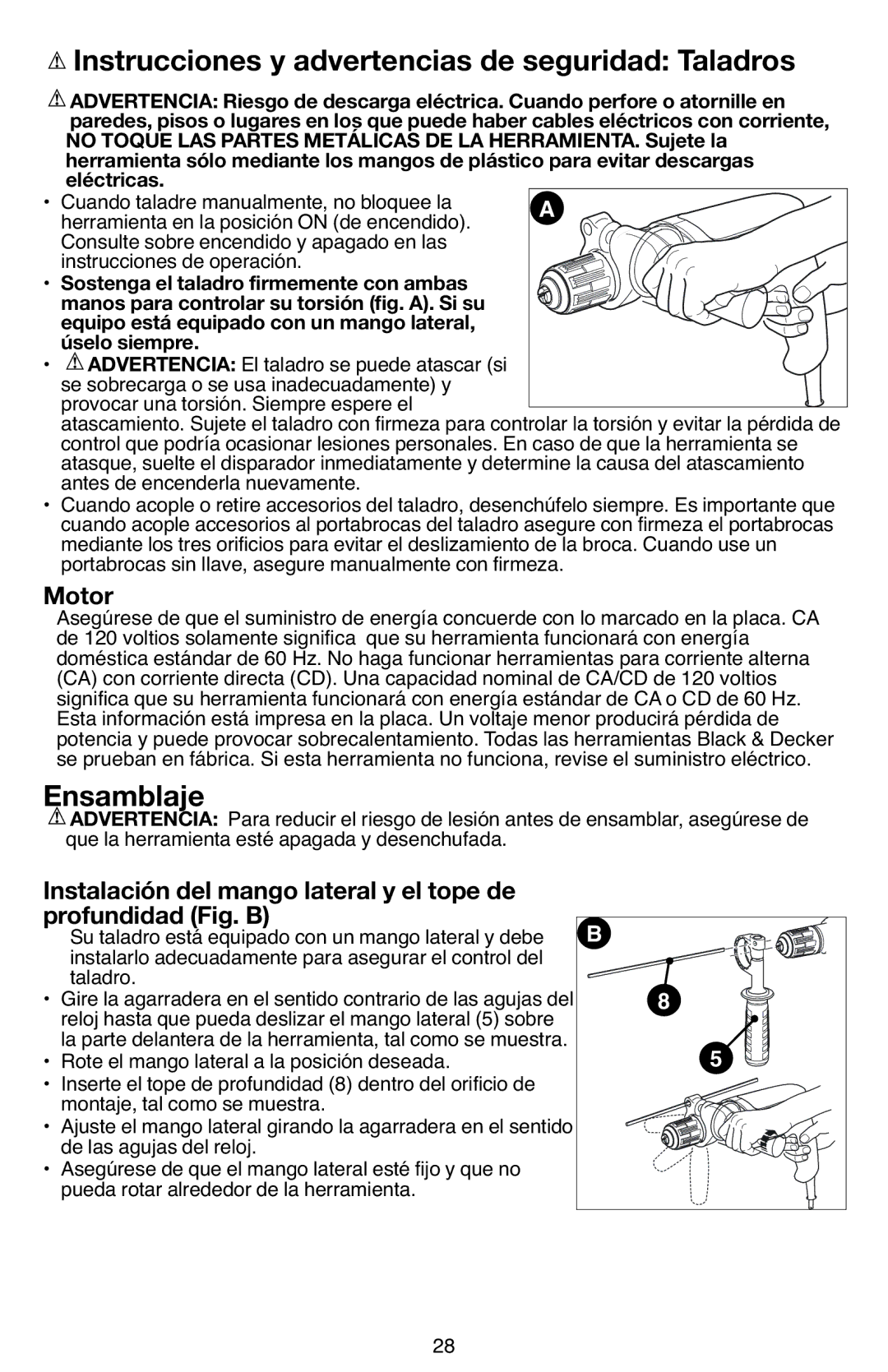 Black & Decker DR670 instruction manual Instrucciones y advertencias de seguridad Taladros, Ensamblaje, Profundidad Fig. B 