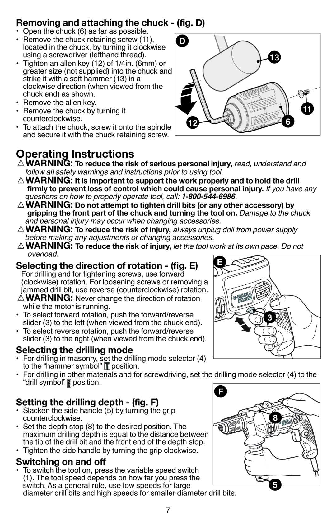 Black & Decker DR670 instruction manual Operating Instructions, Removing and attaching the chuck fig. D 