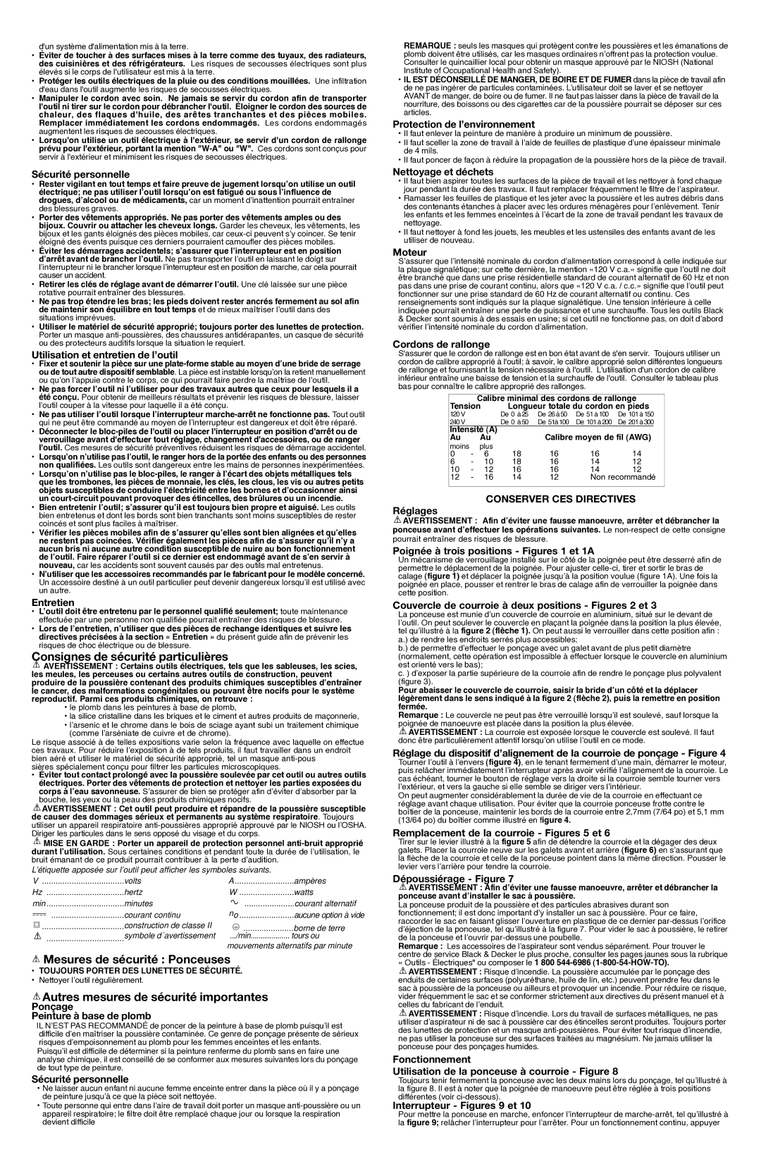 Black & Decker DS321 instruction manual Consignes de sécurité particulières, Mesures de sécurité Ponceuses 