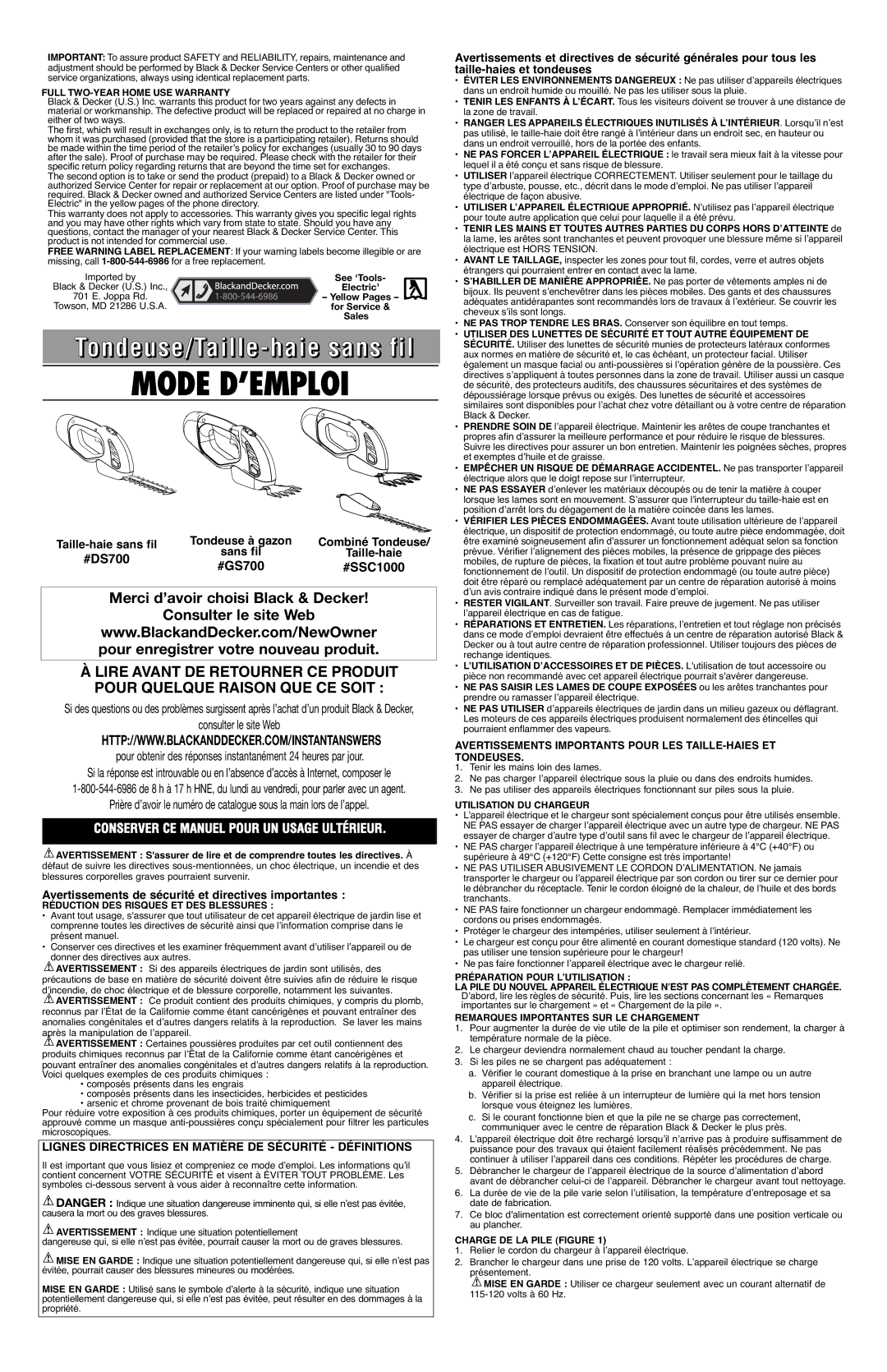 Black & Decker 90556152 Conserver CE Manuel Pour UN Usage Ultérieur, Avertissements de sécurité et directives importantes 