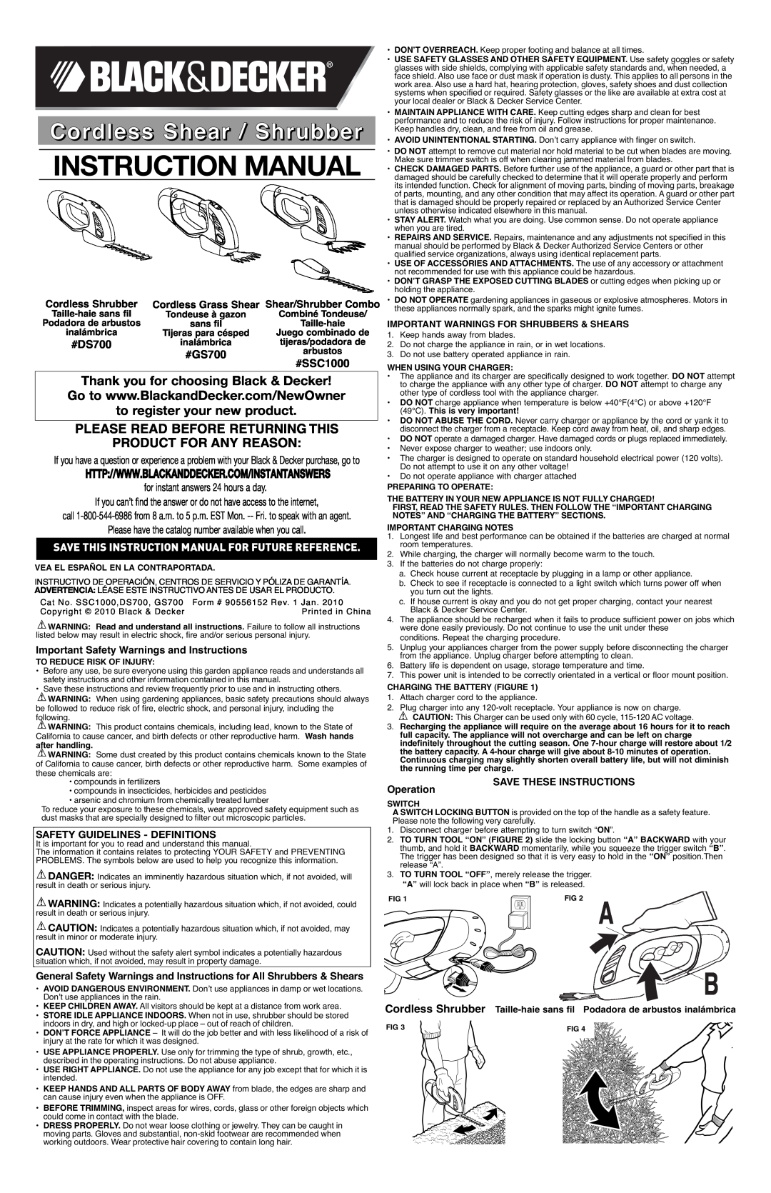 Black & Decker instruction manual Cordless Shear / Shrubber, Thank you for choosing Black & Decker, #DS700, #GS700 