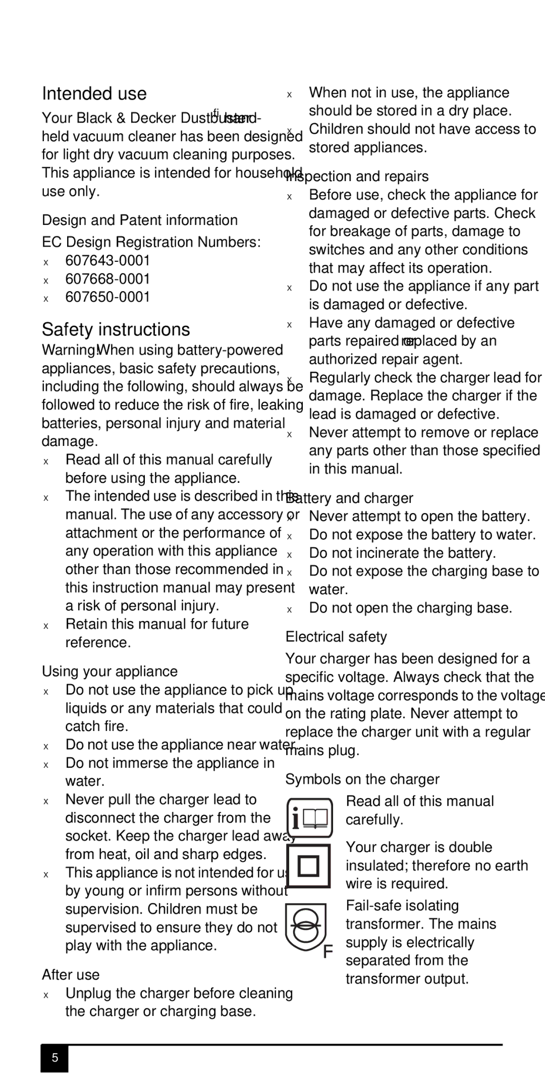 Black & Decker DV60XXY manual Intended use, Safety instructions 