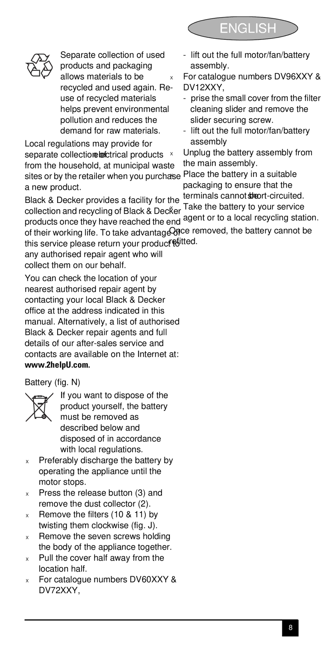 Black & Decker DV60XXY manual Battery fig. N 