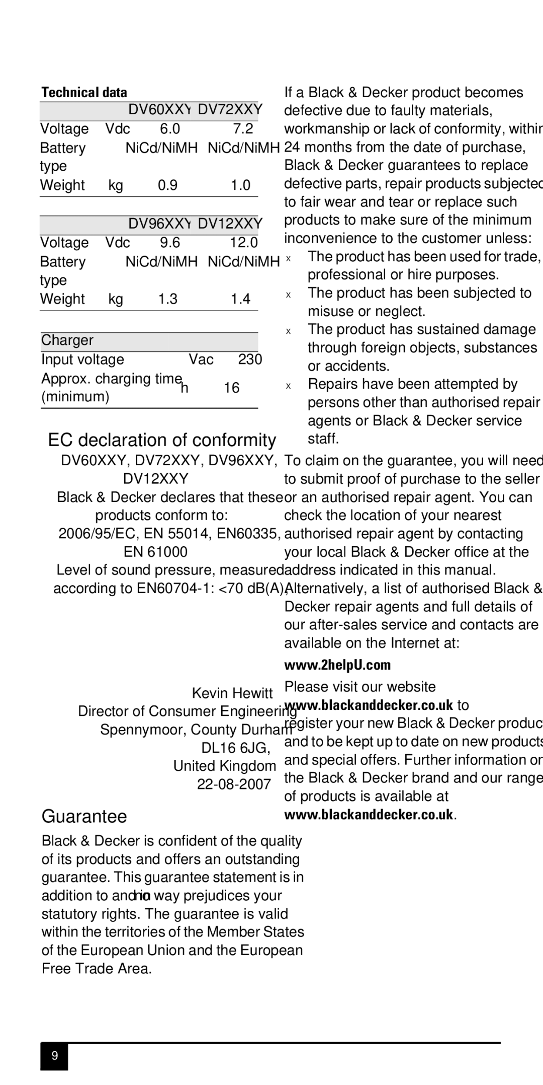 Black & Decker DV60XXY manual EC declaration of conformity, Guarantee, Technical data, Charger 