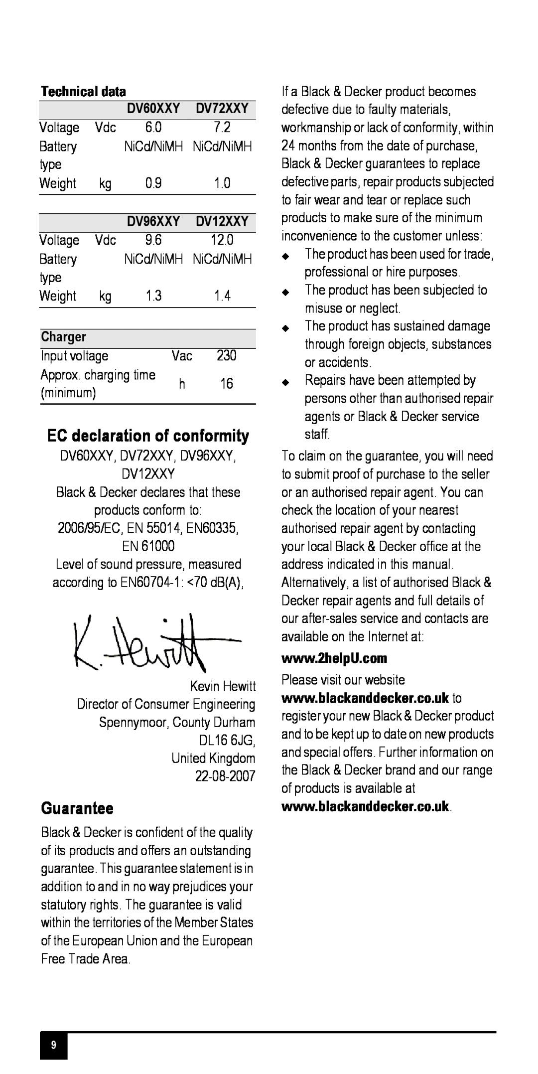 Black & Decker DV60XXY manual EC declaration of conformity, Guarantee, Technical data, Charger 