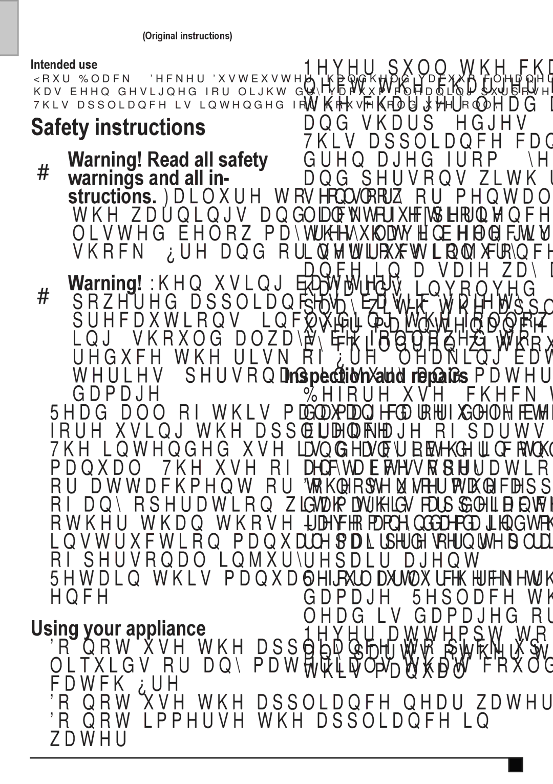 Black & Decker DV9610ECN Safety instructions, @ Warning! Read all safety, Using your appliance, Inspection and repairs 