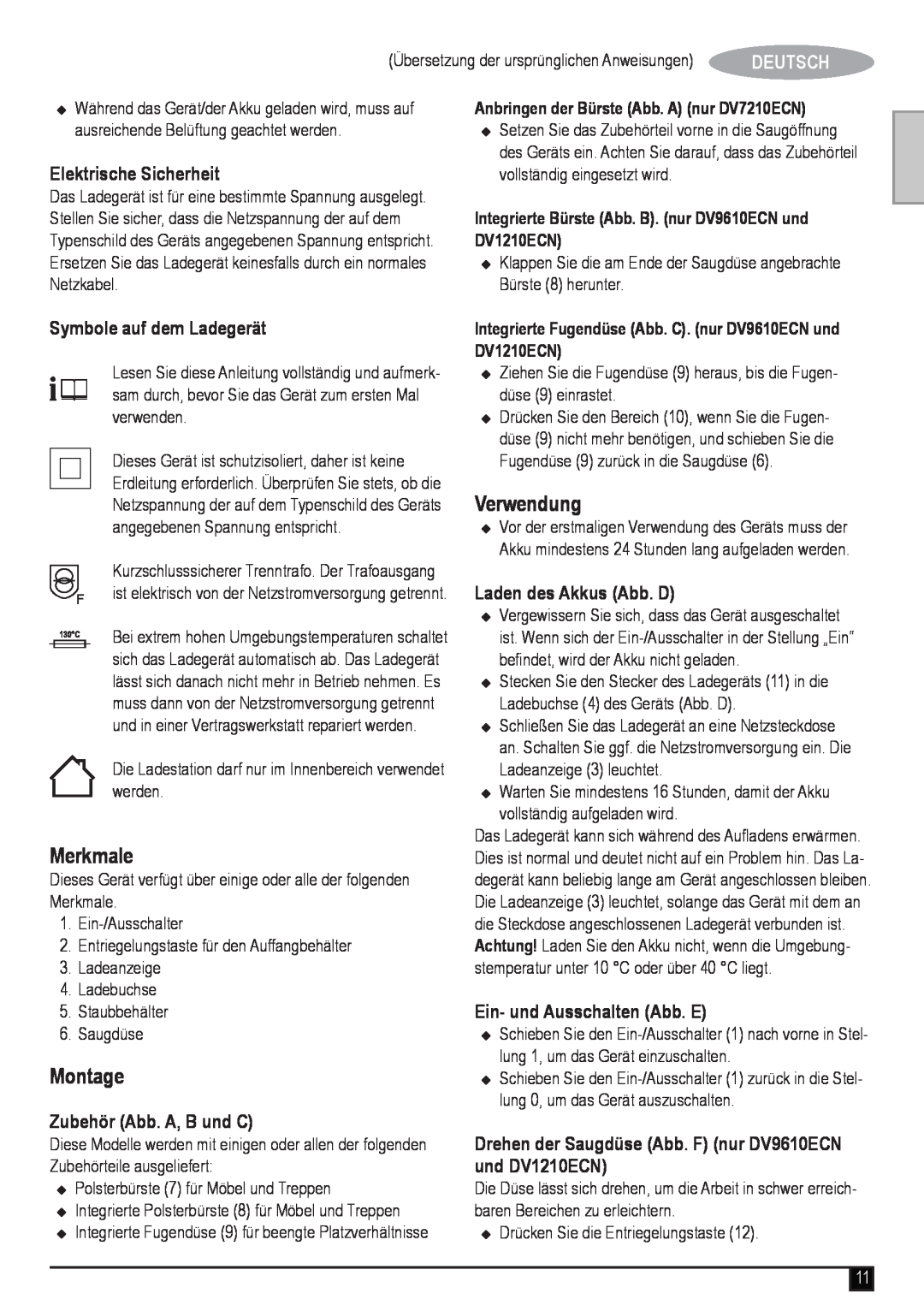 Black & Decker DV1210ECN manual Merkmale, Montage, Verwendung, Deutsch, Elektrische Sicherheit, Symbole auf dem Ladegerät 