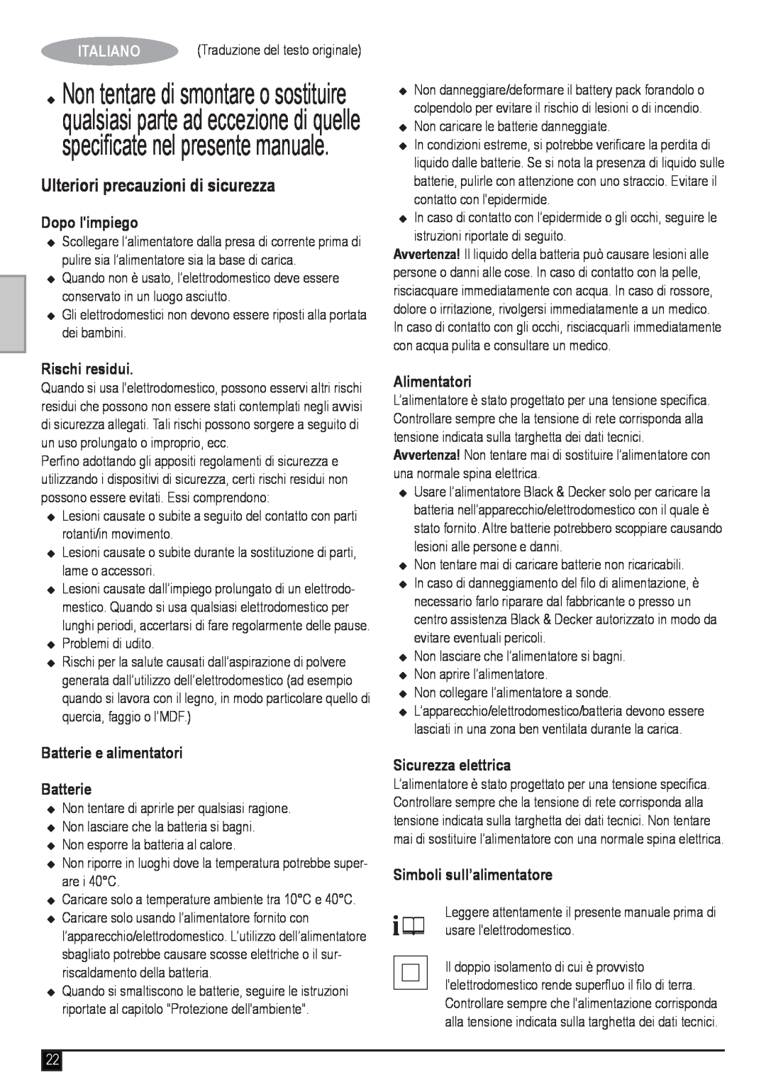 Black & Decker DV9610ECN manual Ulteriori precauzioni di sicurezza, Italiano, Dopo limpiego, Rischi residui, Alimentatori 