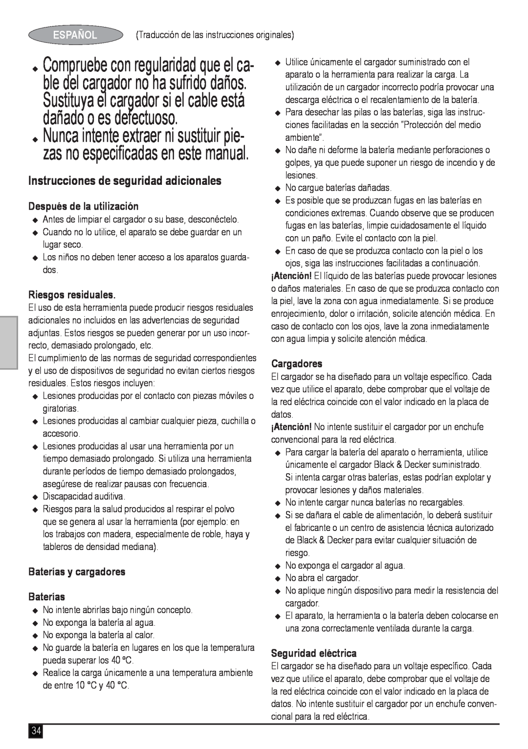 Black & Decker DV9610ECN Instrucciones de seguridad adicionales, Español, Después de la utilización, Riesgos residuales 