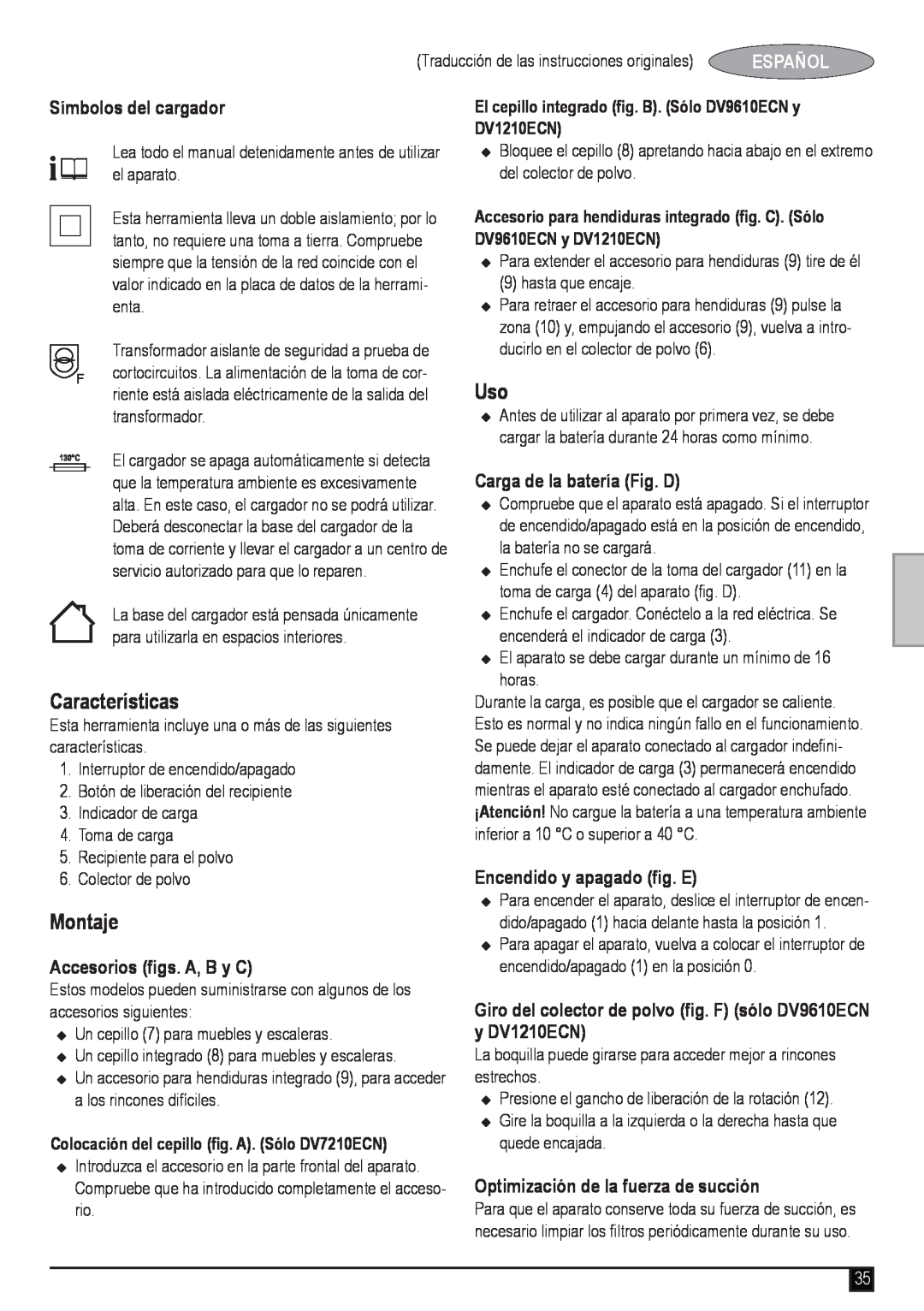 Black & Decker DV1210ECN, DV9610ECN Características, Montaje, Símbolos del cargador, Accesorios figs. A, B y C, Español 