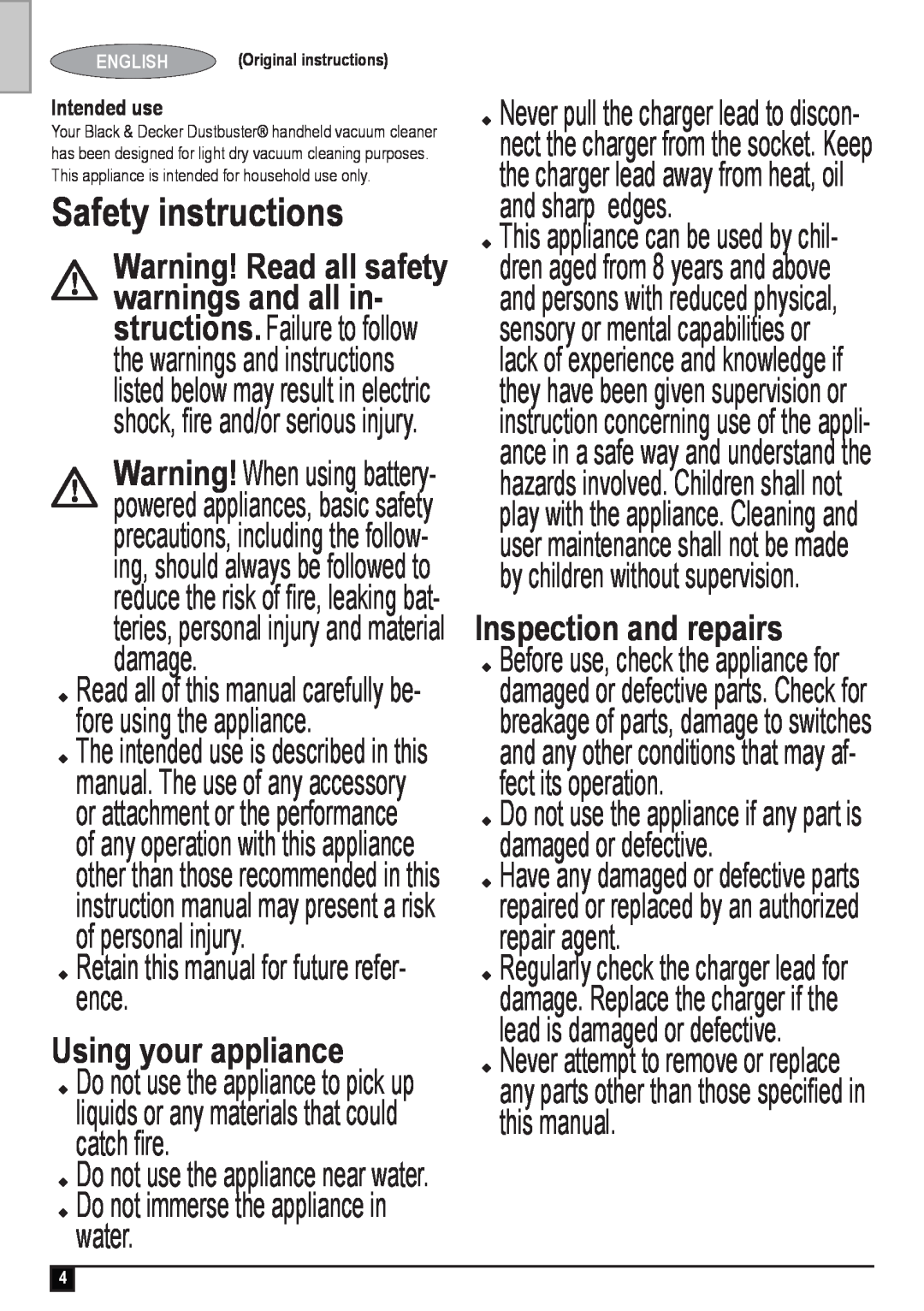 Black & Decker DV9610ECN Safety instructions, @ Warning! Read all safety, u Retain this manual for future refer- ence 