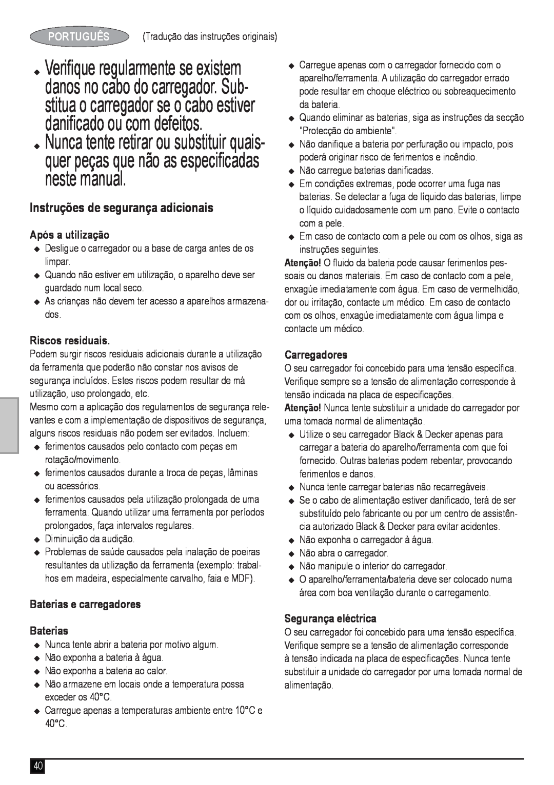 Black & Decker DV9610ECN Instruções de segurança adicionais, Português, Após a utilização, Riscos residuais, Carregadores 