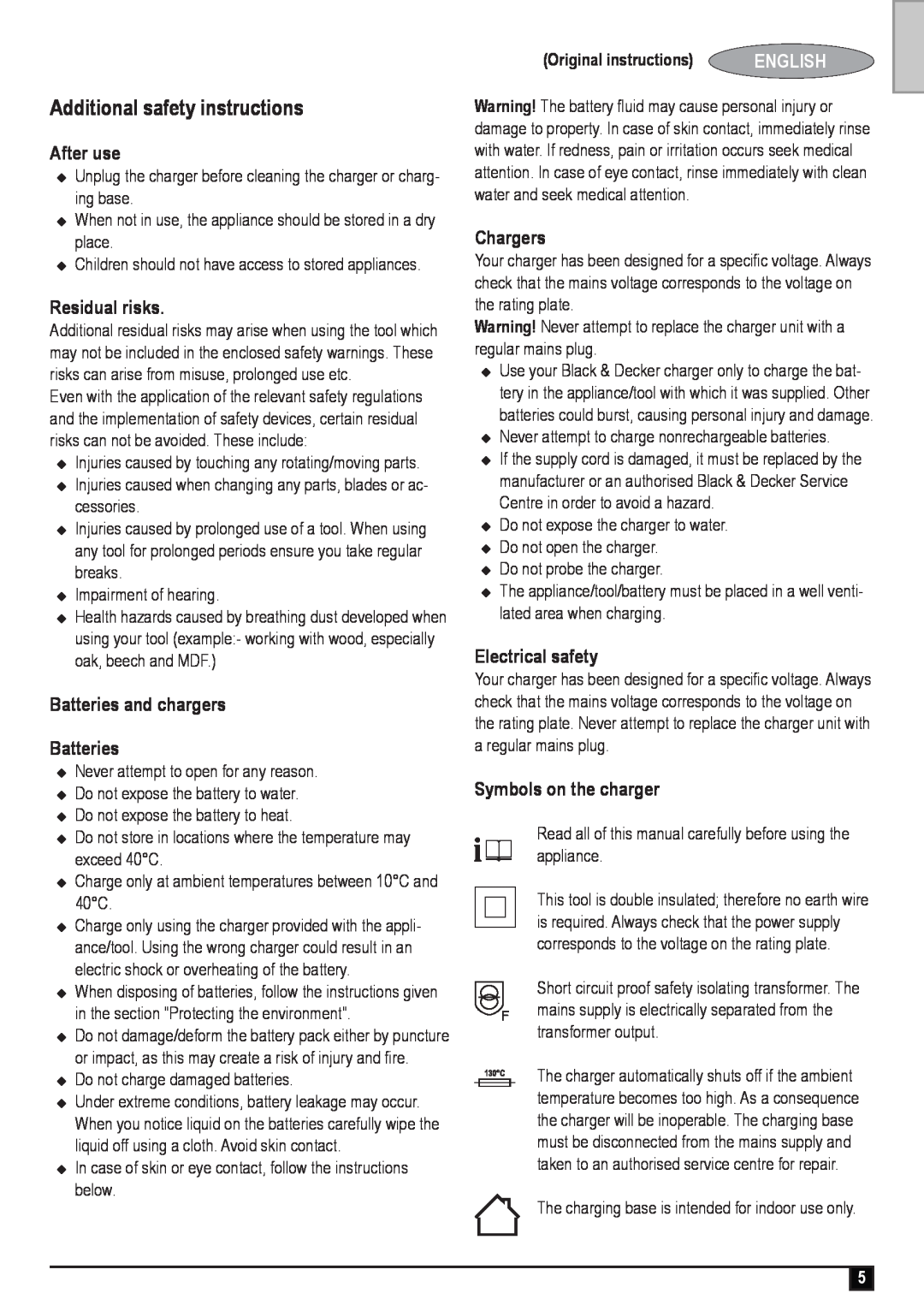 Black & Decker DV1210ECN manual Additional safety instructions, After use, Residual risks, Batteries and chargers Batteries 