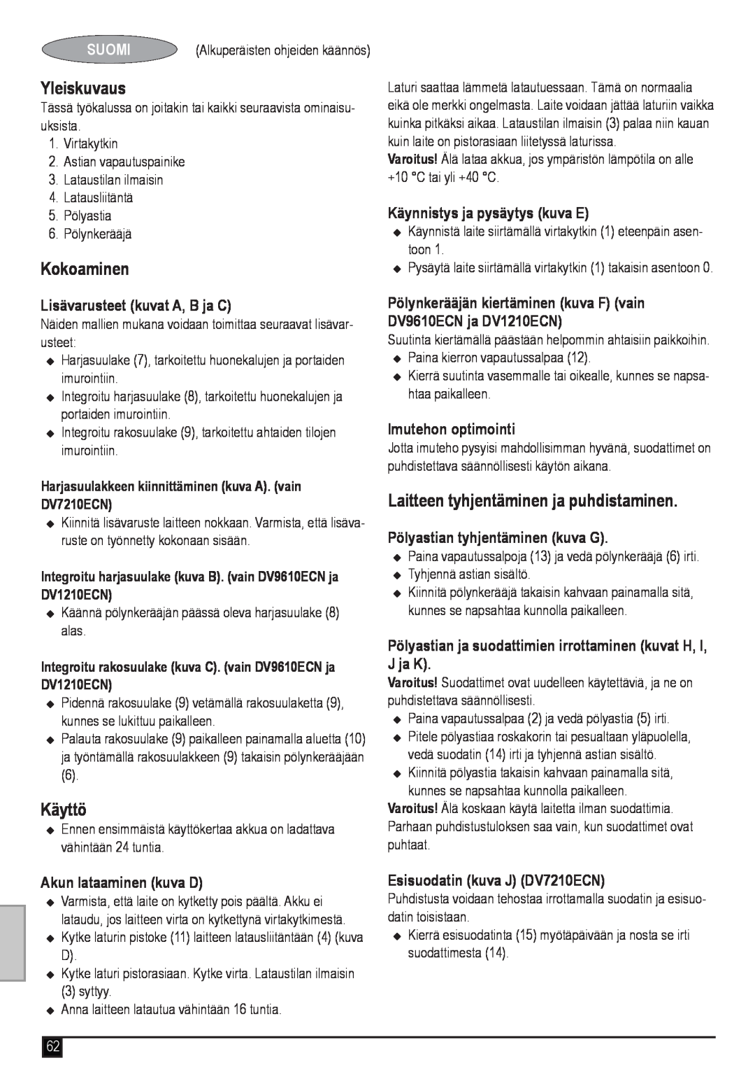 Black & Decker DV9610ECN, DV1210ECN manual Yleiskuvaus, Kokoaminen, Käyttö, Laitteen tyhjentäminen ja puhdistaminen, Suomi 