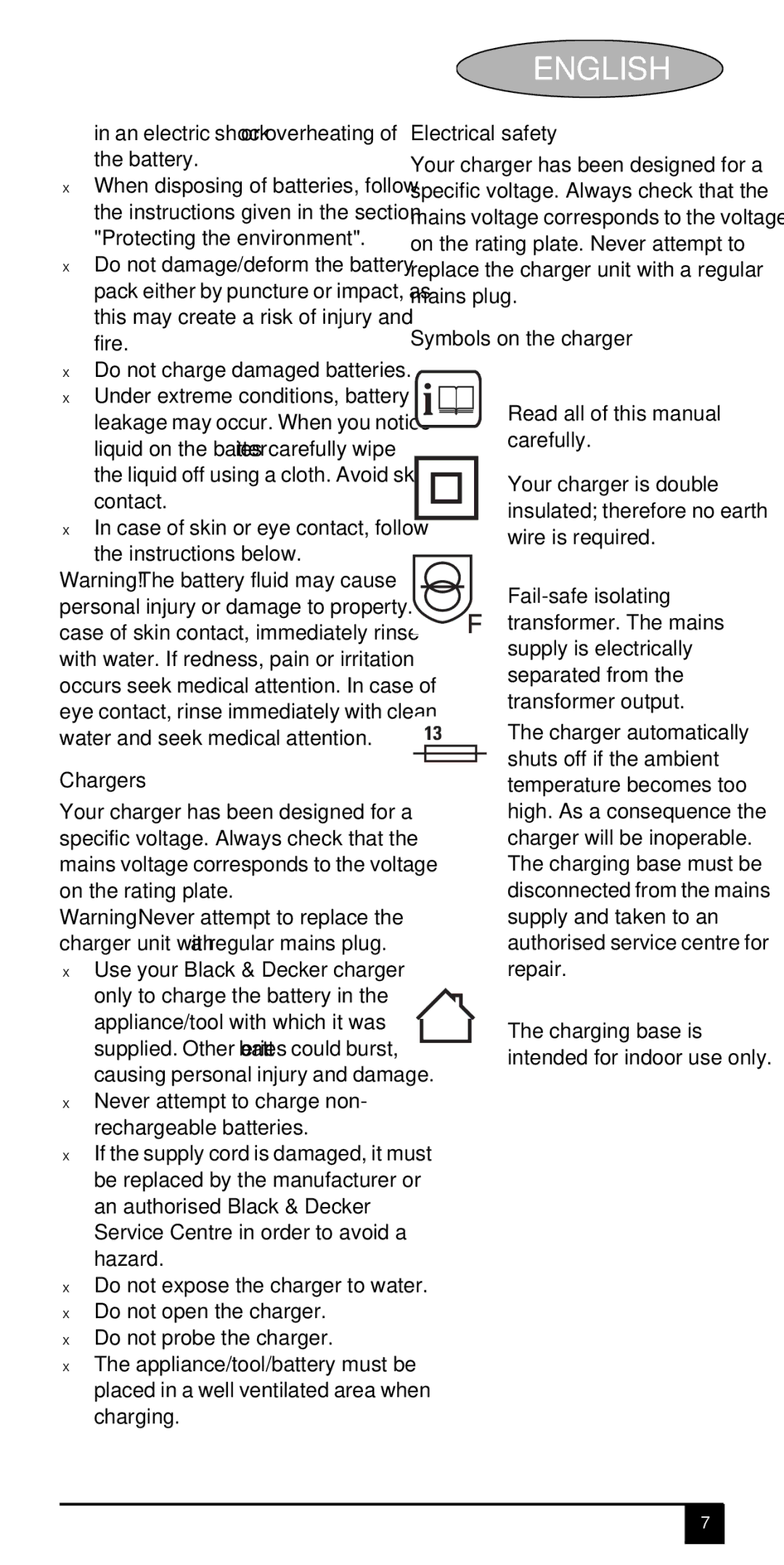 Black & Decker DV72XXY, DV96XXY, DV12XXY, DV60XXY manual Chargers, Electrical safety, Symbols on the charger 