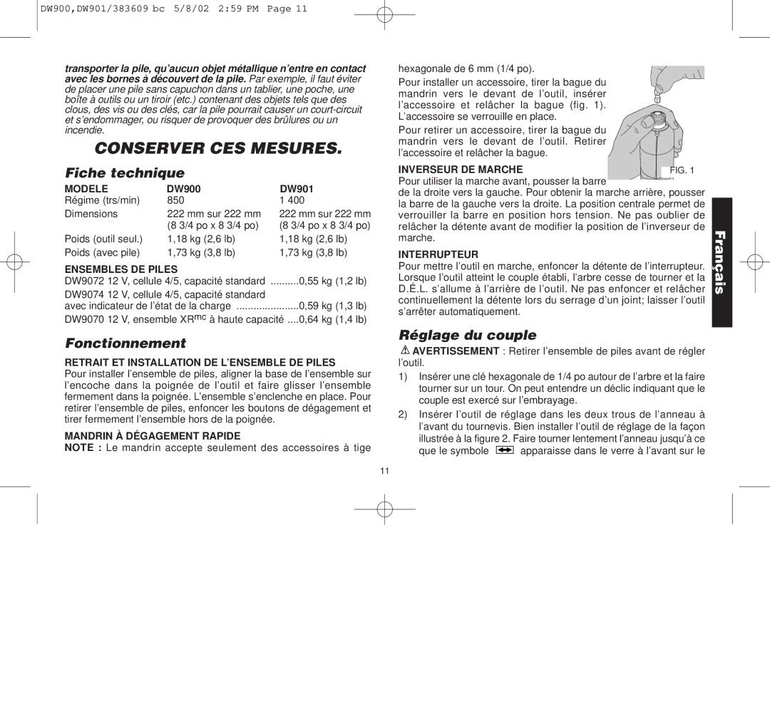 Black & Decker 383609-01, DW901, DW900 manual Fiche technique, Fonctionnement, Réglage du couple 