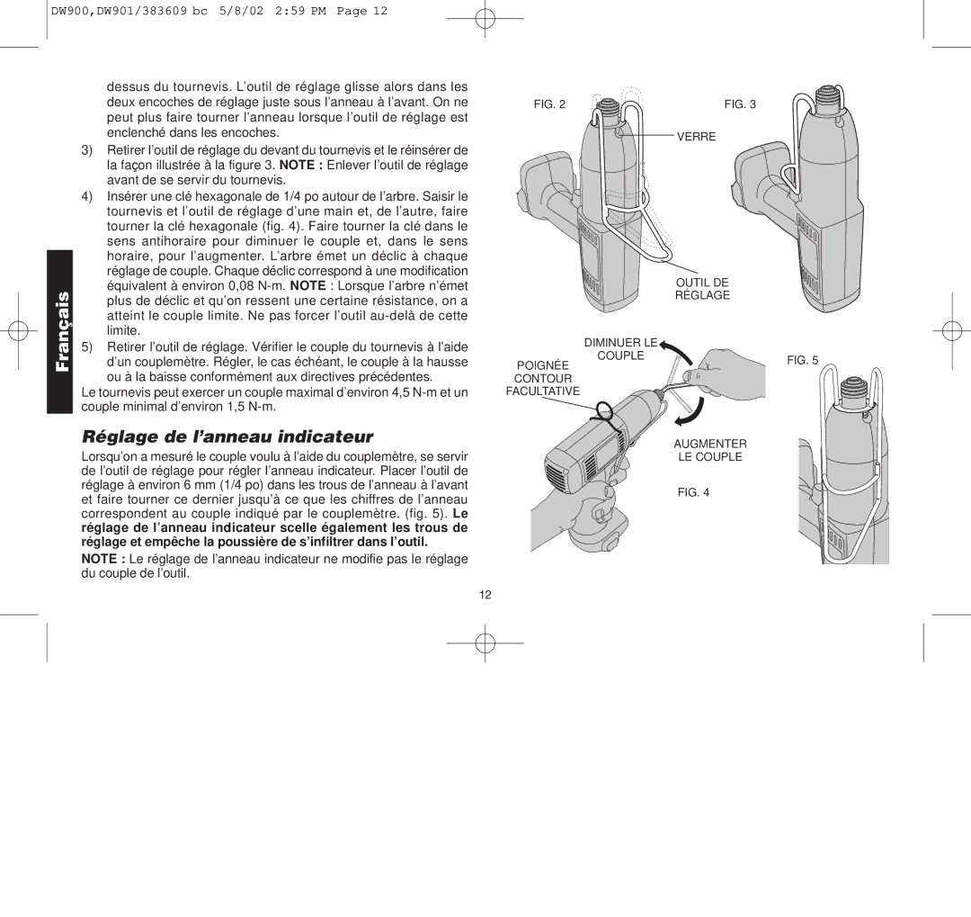 Black & Decker DW901, DW900, 383609-01 manual Réglage de l’anneau indicateur 