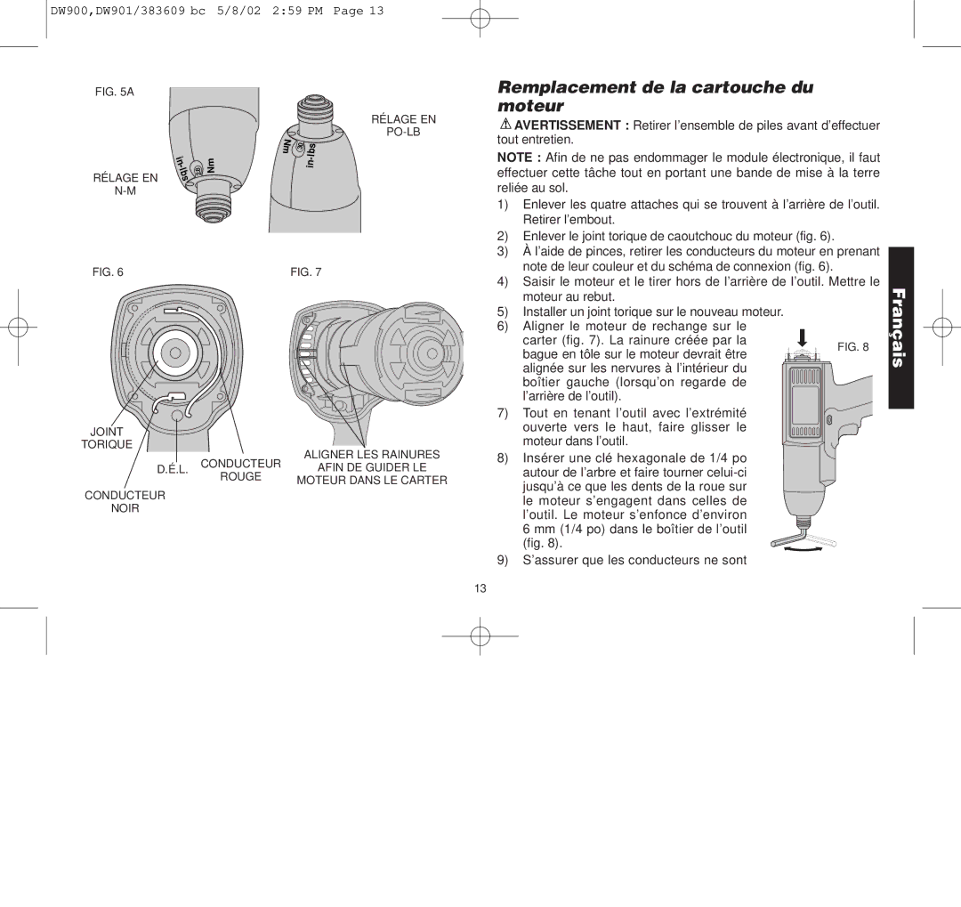 Black & Decker DW900, DW901, 383609-01 manual Remplacement de la cartouche du moteur 