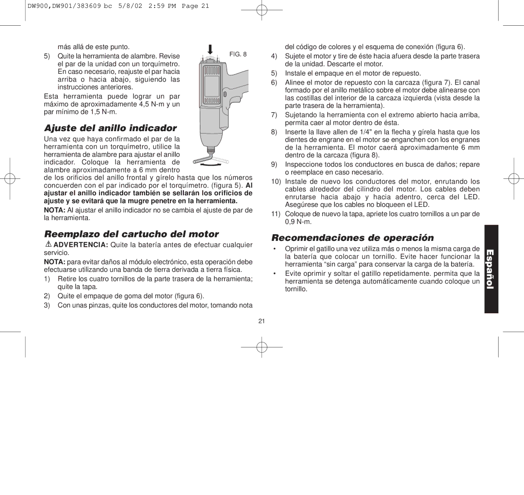 Black & Decker DW901, DW900 Ajuste del anillo indicador, Reemplazo del cartucho del motor, Recomendaciones de operación 