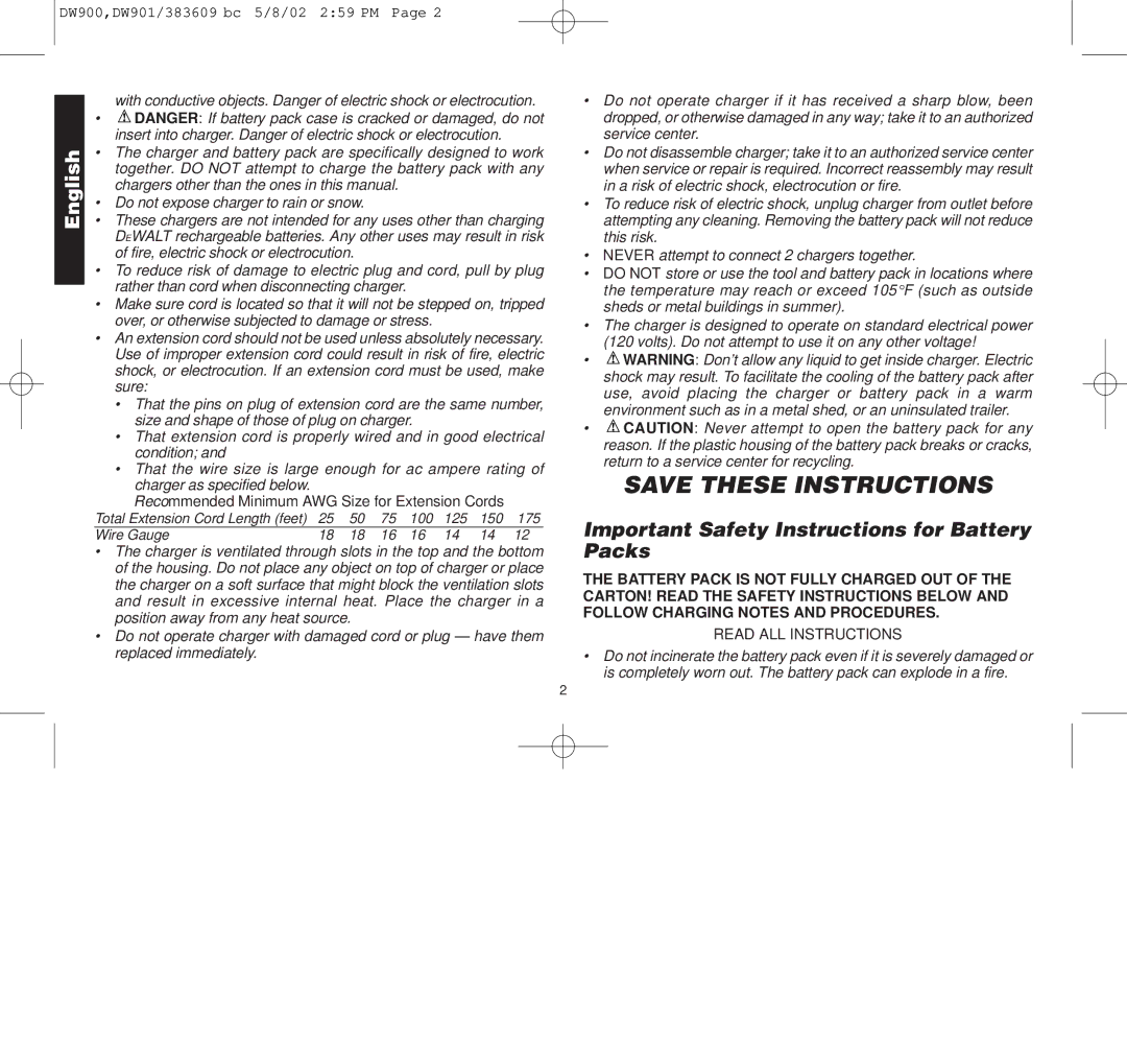 Black & Decker 383609-01, DW901, DW900 manual Important Safety Instructions for Battery Packs, Read ALL Instructions 