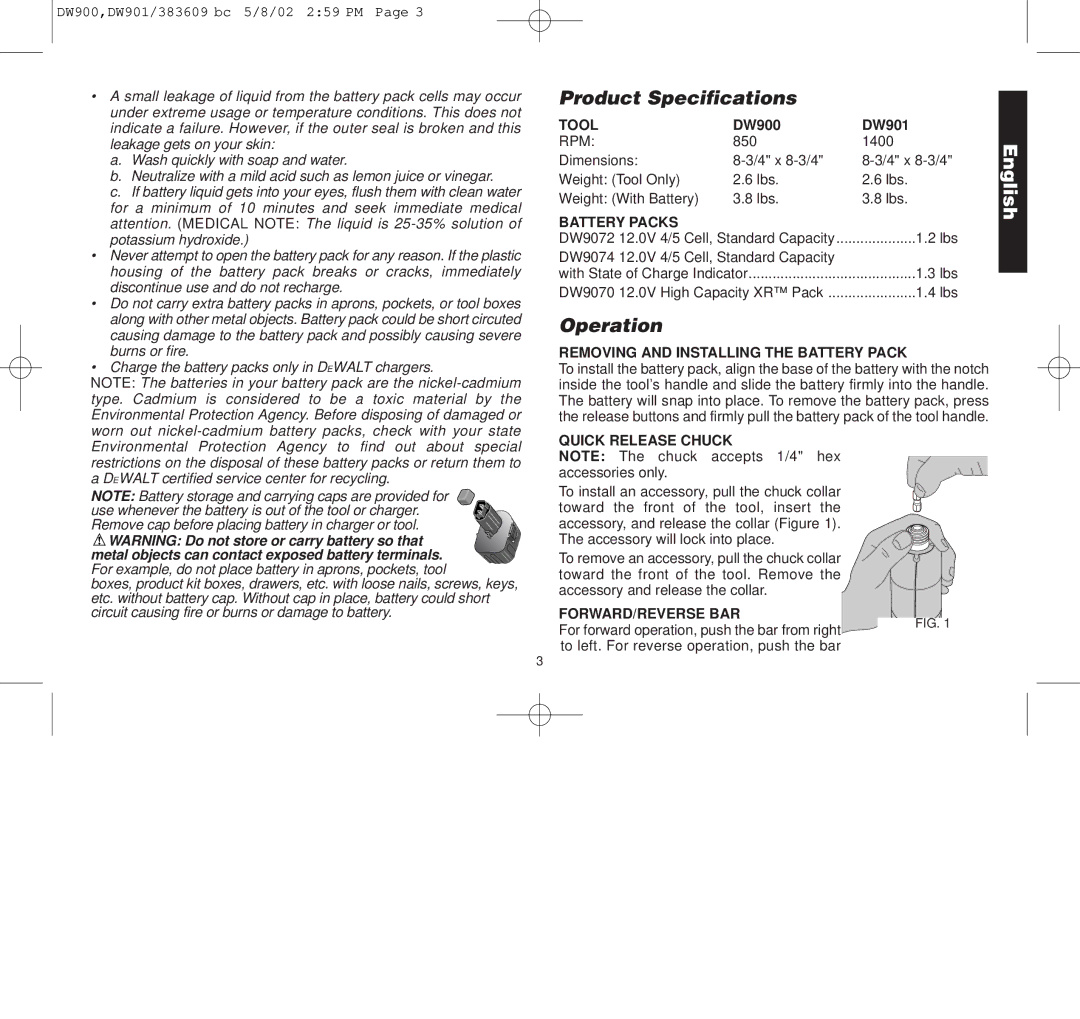 Black & Decker DW901, DW900, 383609-01 manual Product Specifications, Operation 