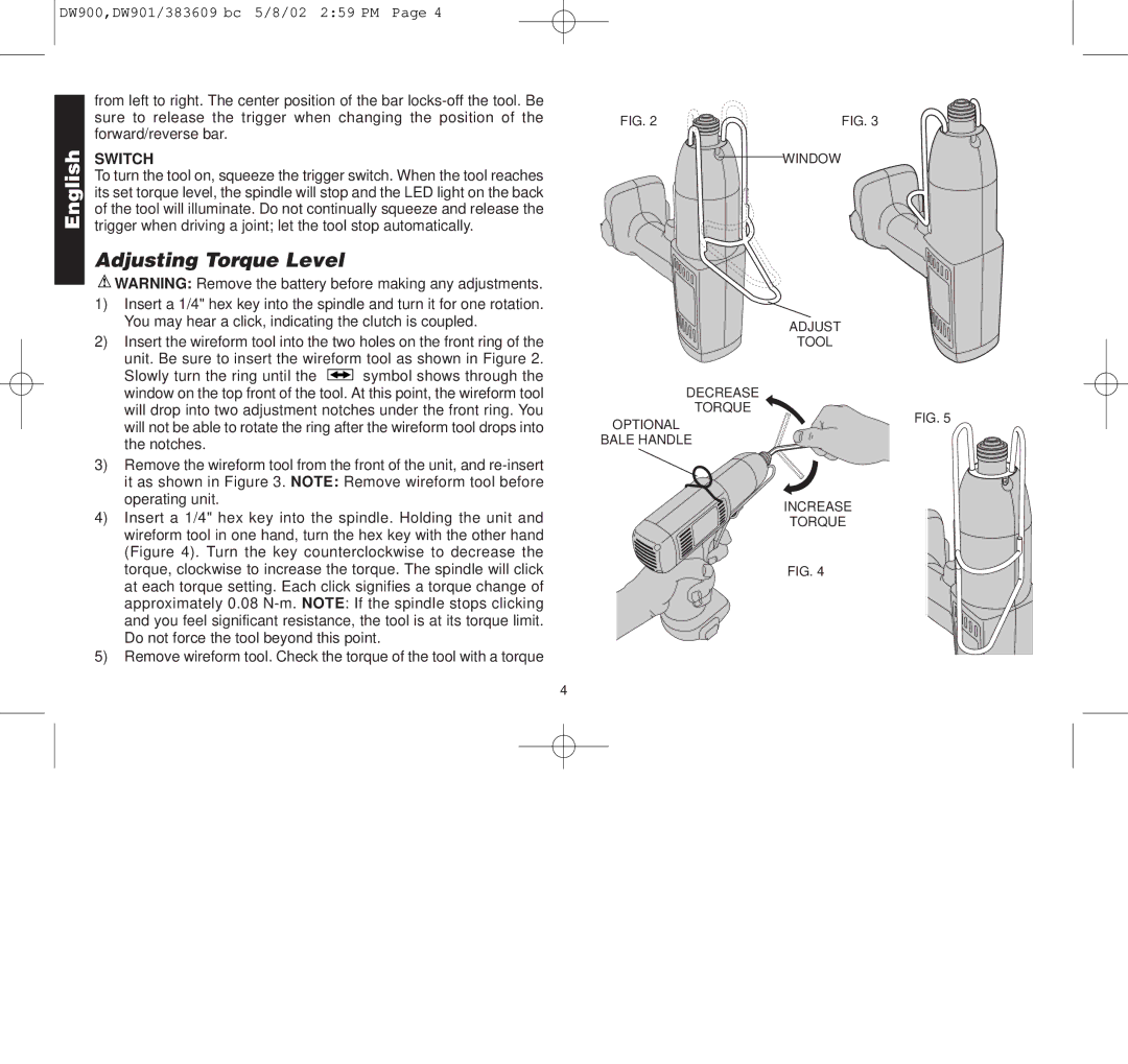 Black & Decker DW900, DW901, 383609-01 manual Adjusting Torque Level, Switch 