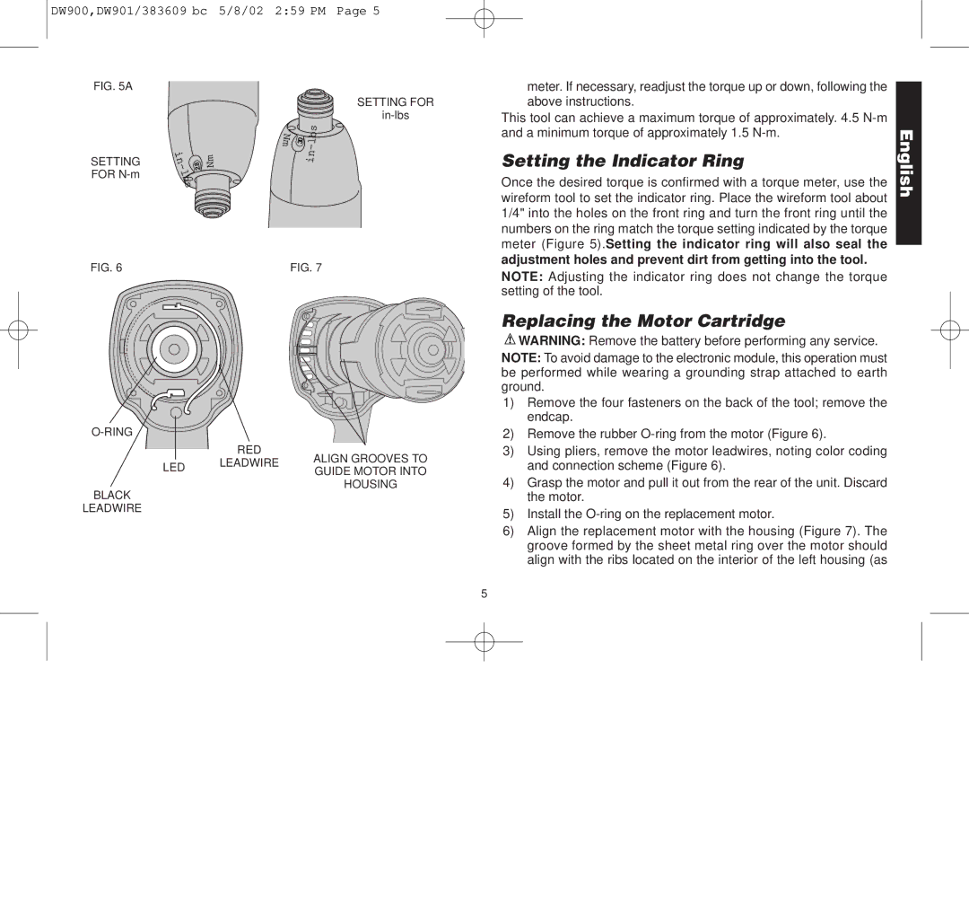 Black & Decker 383609-01, DW901, DW900 manual Setting the Indicator Ring, Replacing the Motor Cartridge 