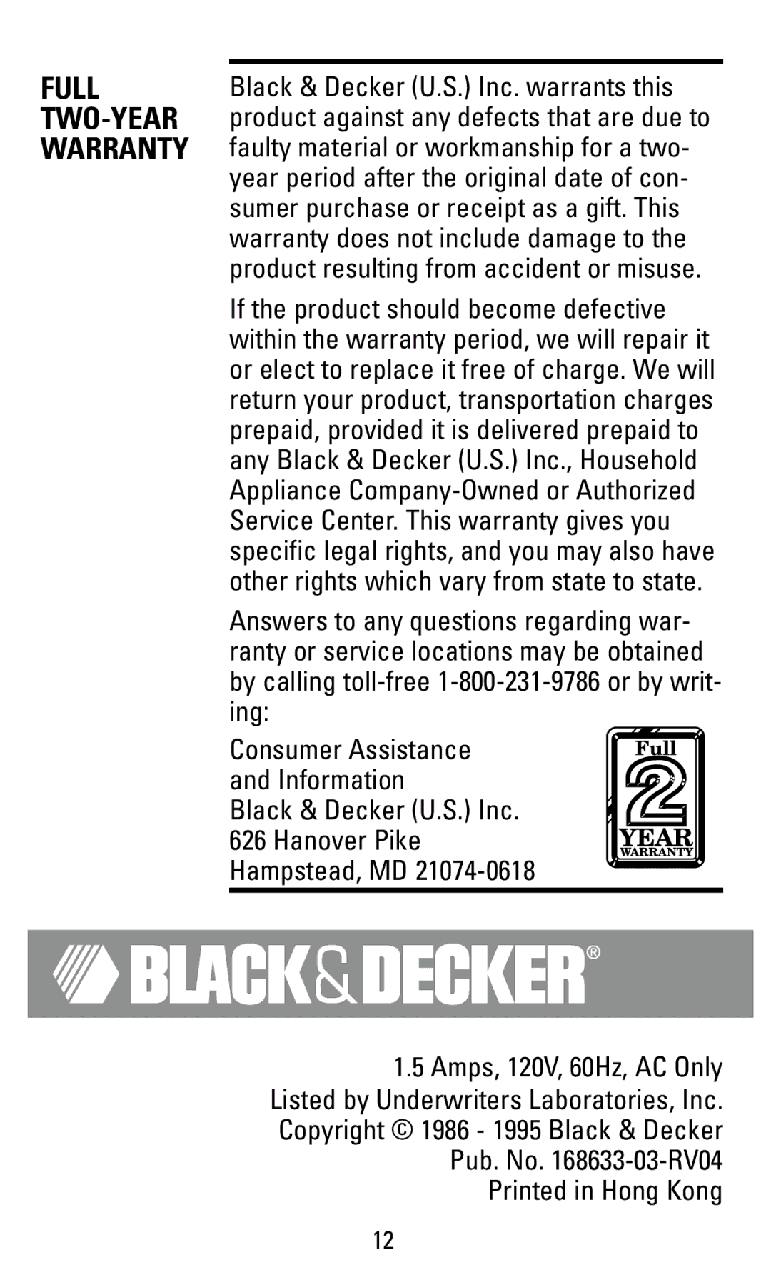 Black & Decker EC43B, EC43, EC42C manual Full, Two-Year, Warranty 