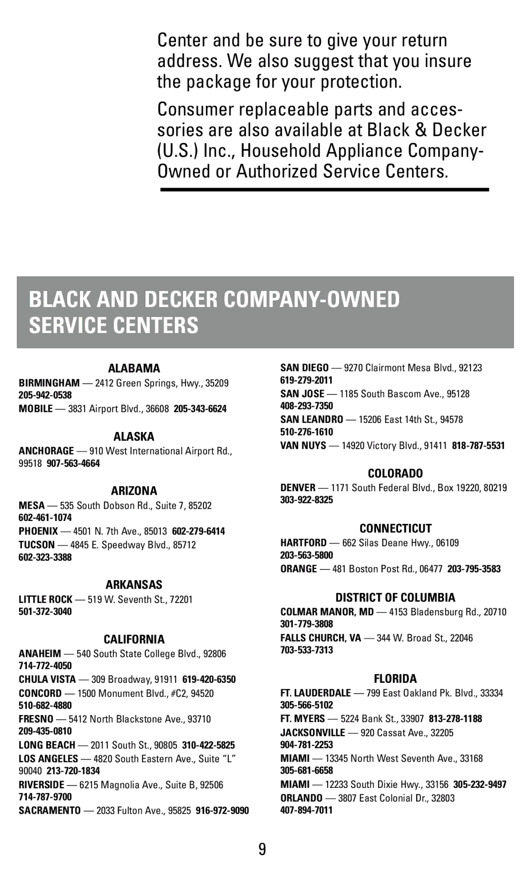 Black & Decker EC43B, EC43 Alabama, Alaska, Arizona, Arkansas, California, Colorado, Connecticut, District of Columbia 