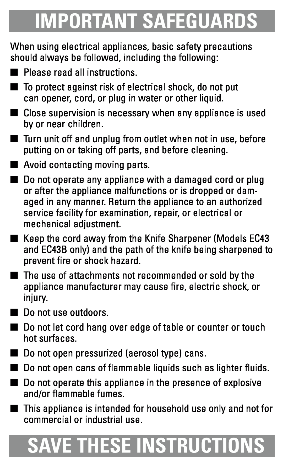 Black & Decker EC43B, EC43, EC42C manual Important Safeguards, Save These Instructions 
