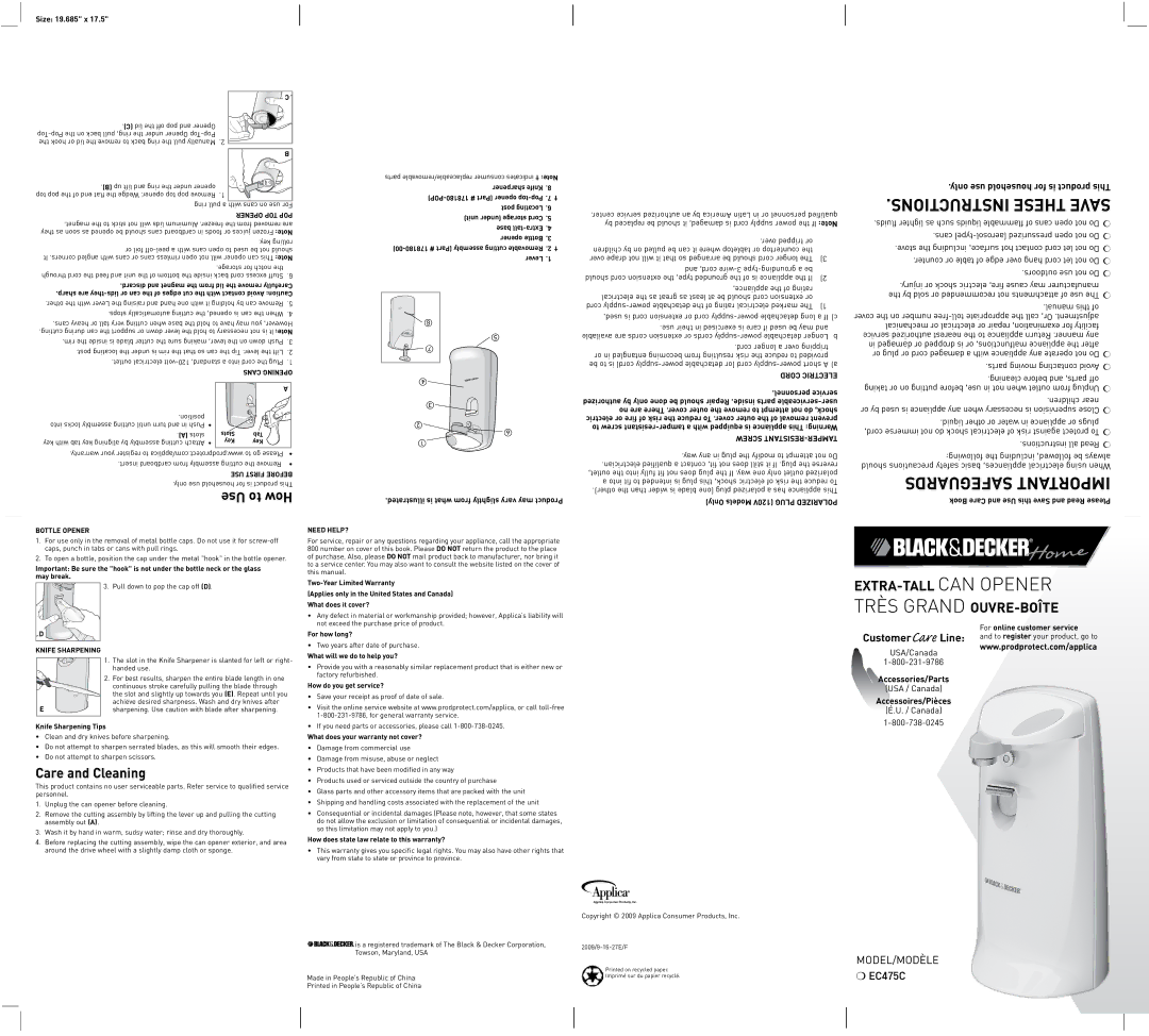 Black & Decker EC475C manual Care and Cleaning, Extra-Tall Can Opener, Parts moving contacting Avoid, Customer Care Line 