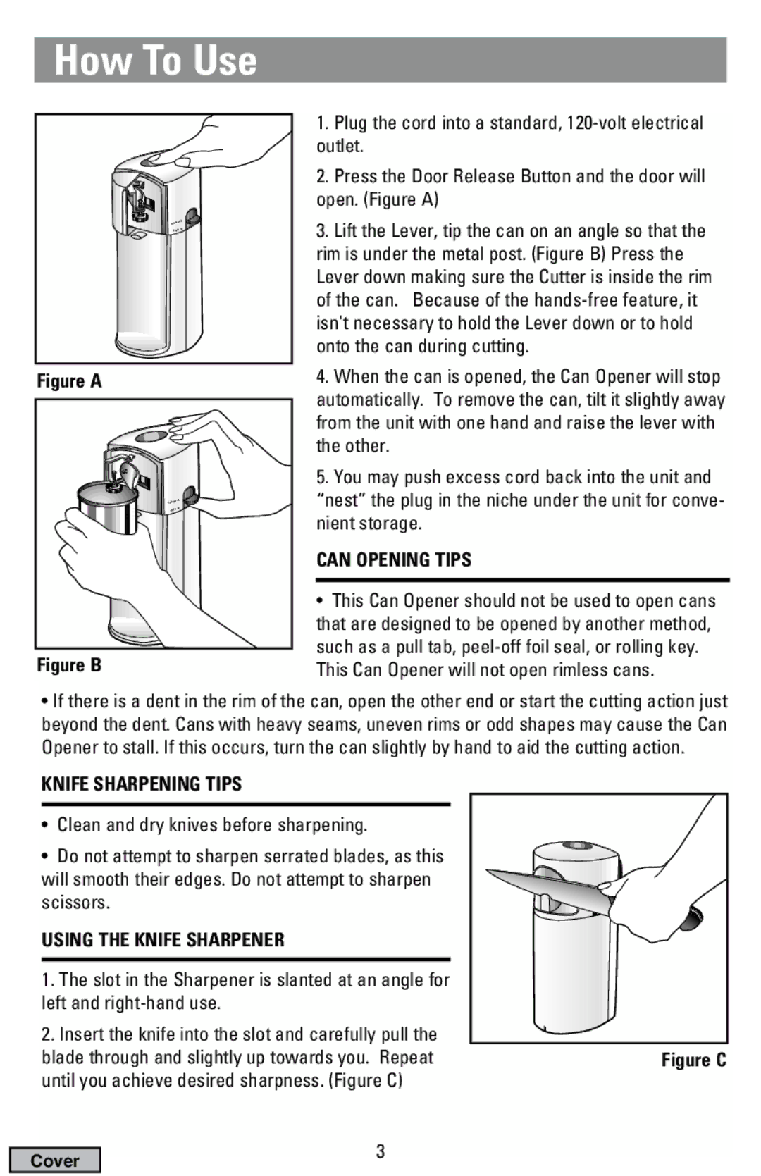 Black & Decker EC500B manual How To Use, Can Opening Tips, Knife Sharpening Tips, Using the Knife Sharpener 