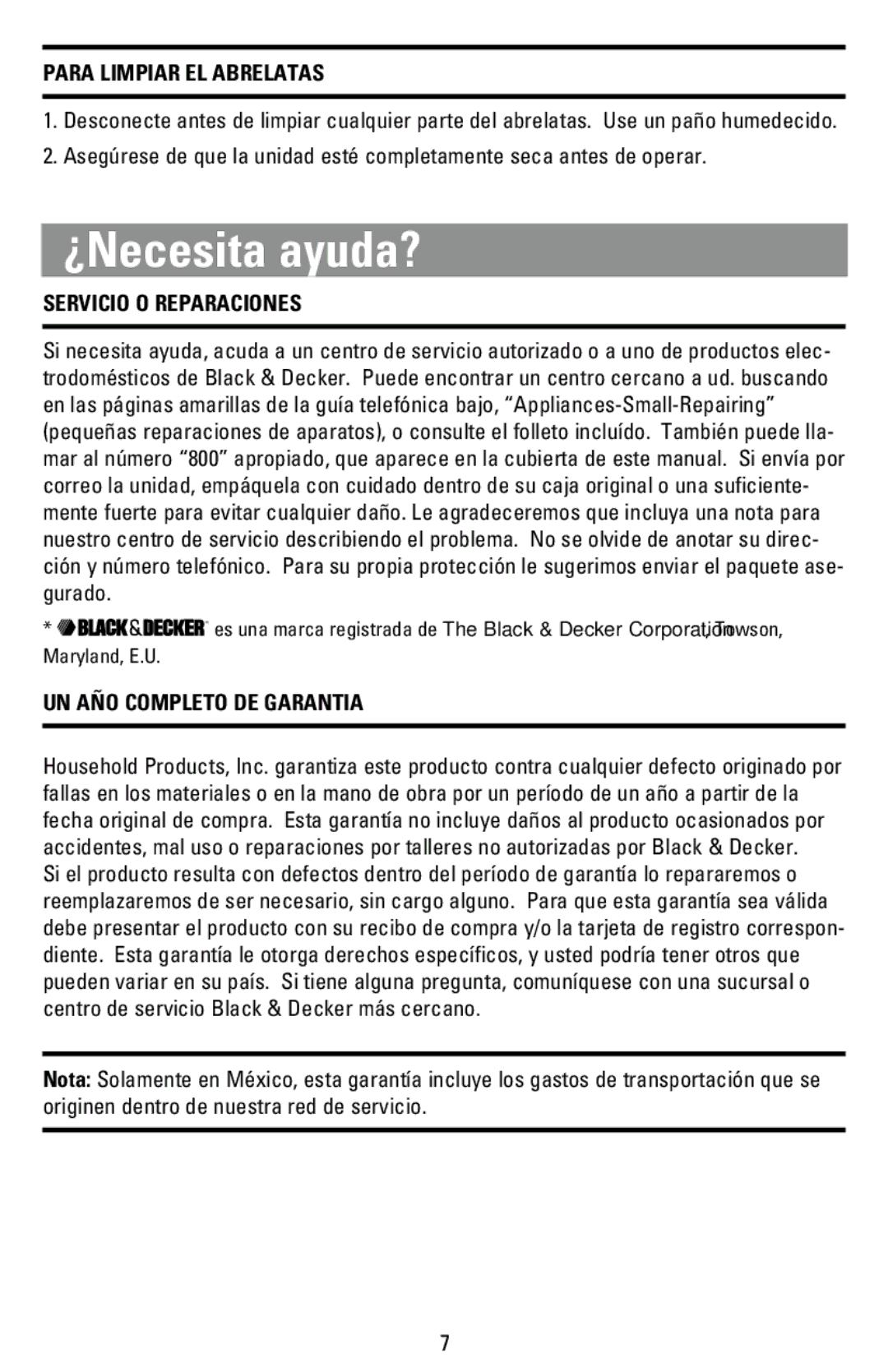 Black & Decker EC500B ¿Necesita ayuda?, Para Limpiar EL Abrelatas, Servicio O Reparaciones, UN AÑO Completo DE Garantia 