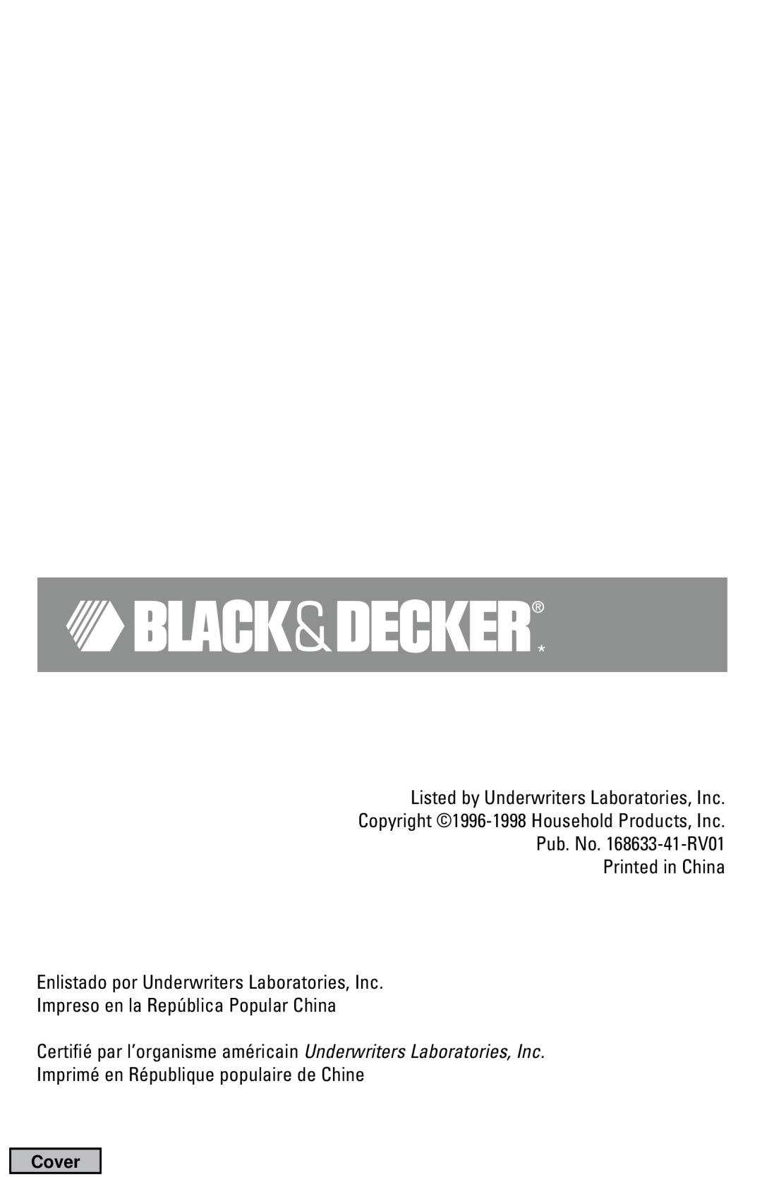 Black & Decker EC500B manual Listed by Underwriters Laboratories, Inc, Impreso en la República Popular China, Cover 