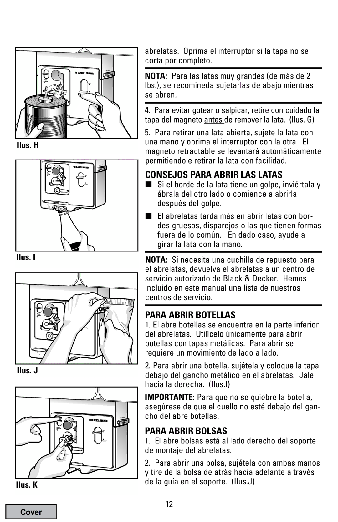 Black & Decker EC70 manual Consejos Para Abrir LAS Latas, Para Abrir Botellas, Para Abrir Bolsas 