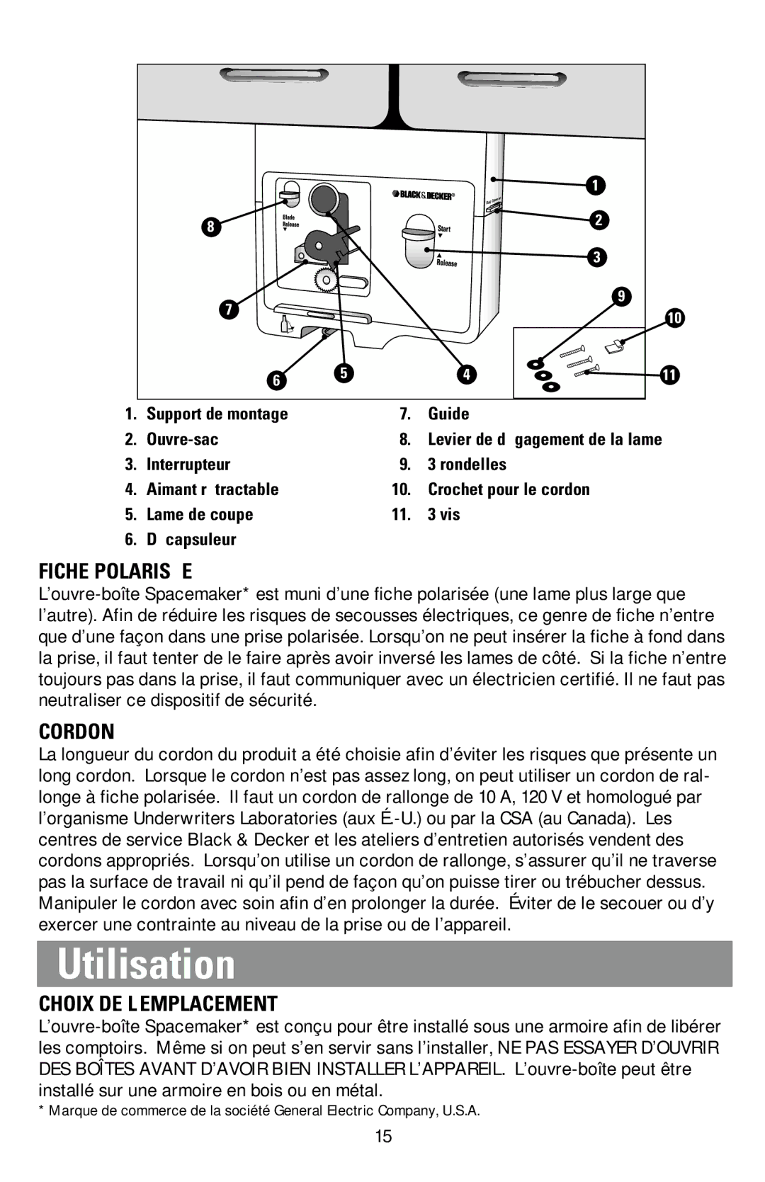 Black & Decker EC70 manual Fiche Polarisée, Cordon, Choix DE L’EMPLACEMENT 