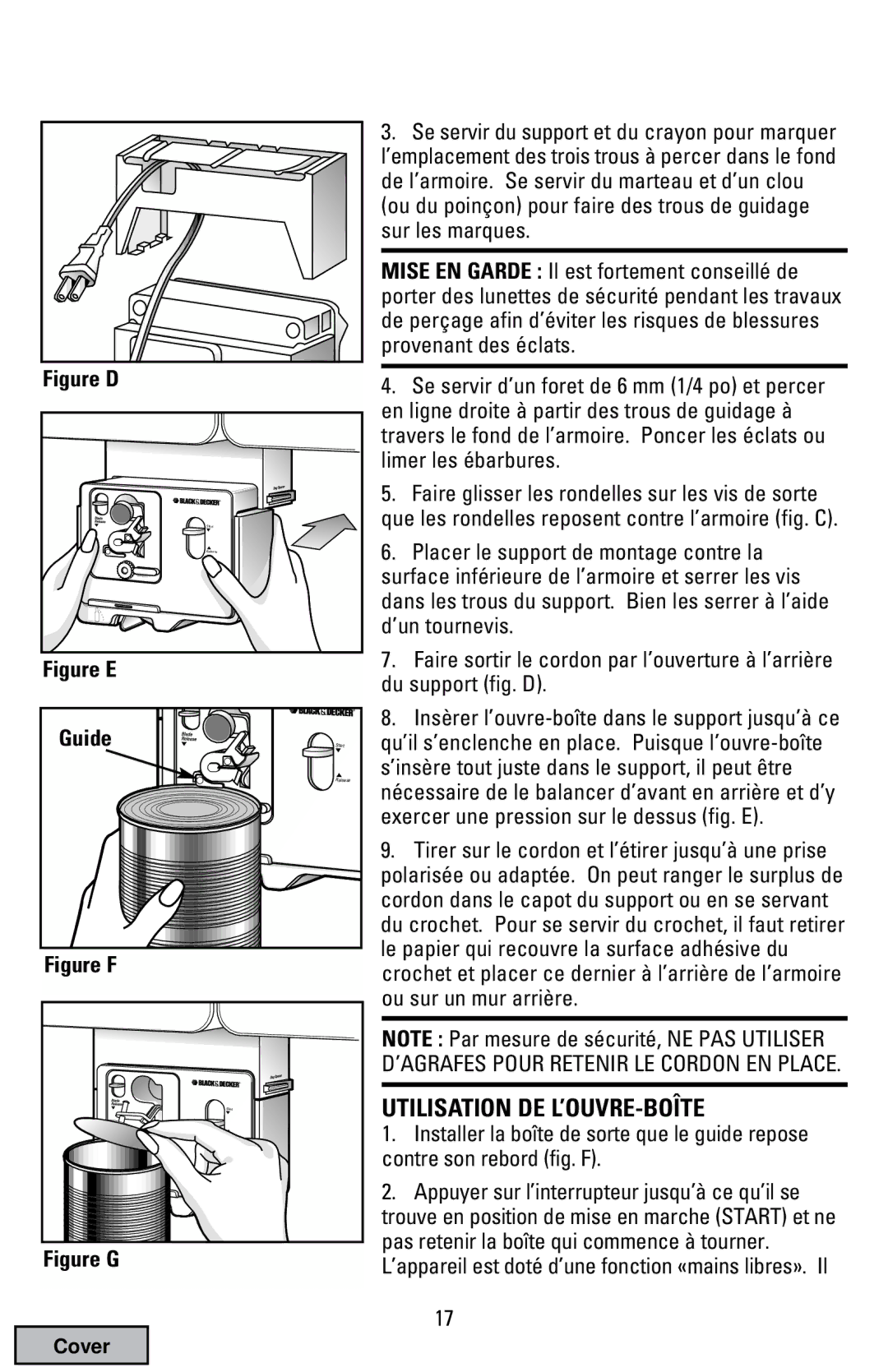 Black & Decker EC70 manual Utilisation DE L’OUVRE-BOÎTE, Figure E Guide 