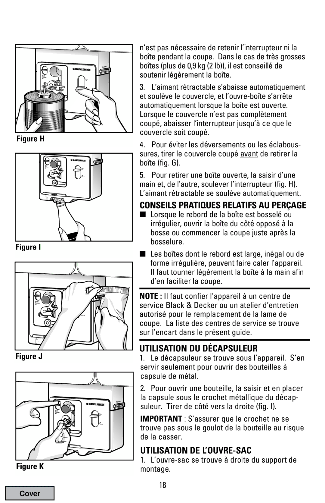 Black & Decker EC70 manual Utilisation DU Décapsuleur, Utilisation DE L’OUVRE-SAC 